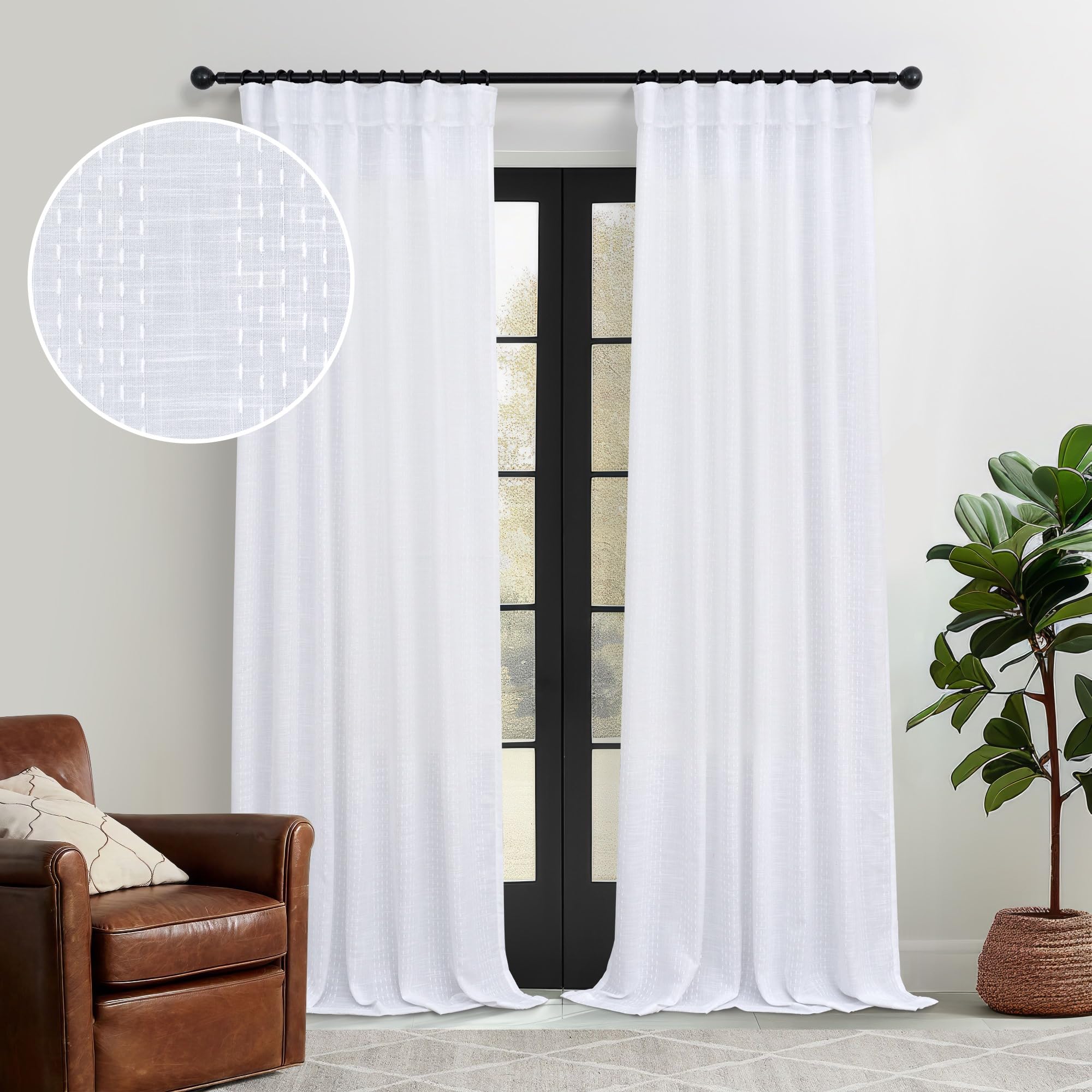 White Patterned Curtains 100 Inches Long for Living Room Sitting Family 2 Panels Back Tab Hooks Belt for Track Airy Semi Sheer L