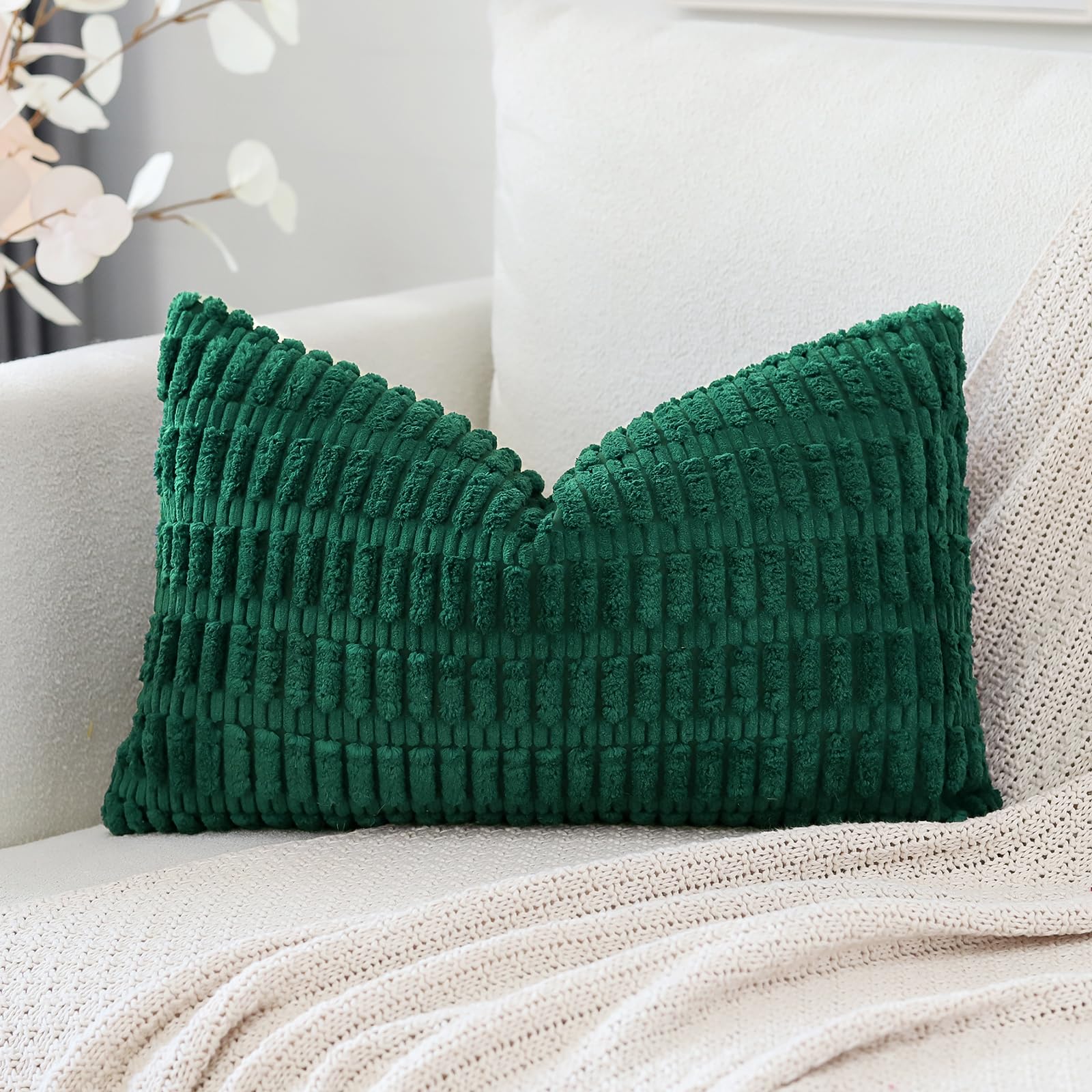 Otostar Corduroy Decorative Throw Pillow Covers 12X20 Inch Super Soft Boho Striped Rectangle Pillow Covers Case Modern Cushion Covers For Sofa Couch Bedroom Car Decor Christmas Green