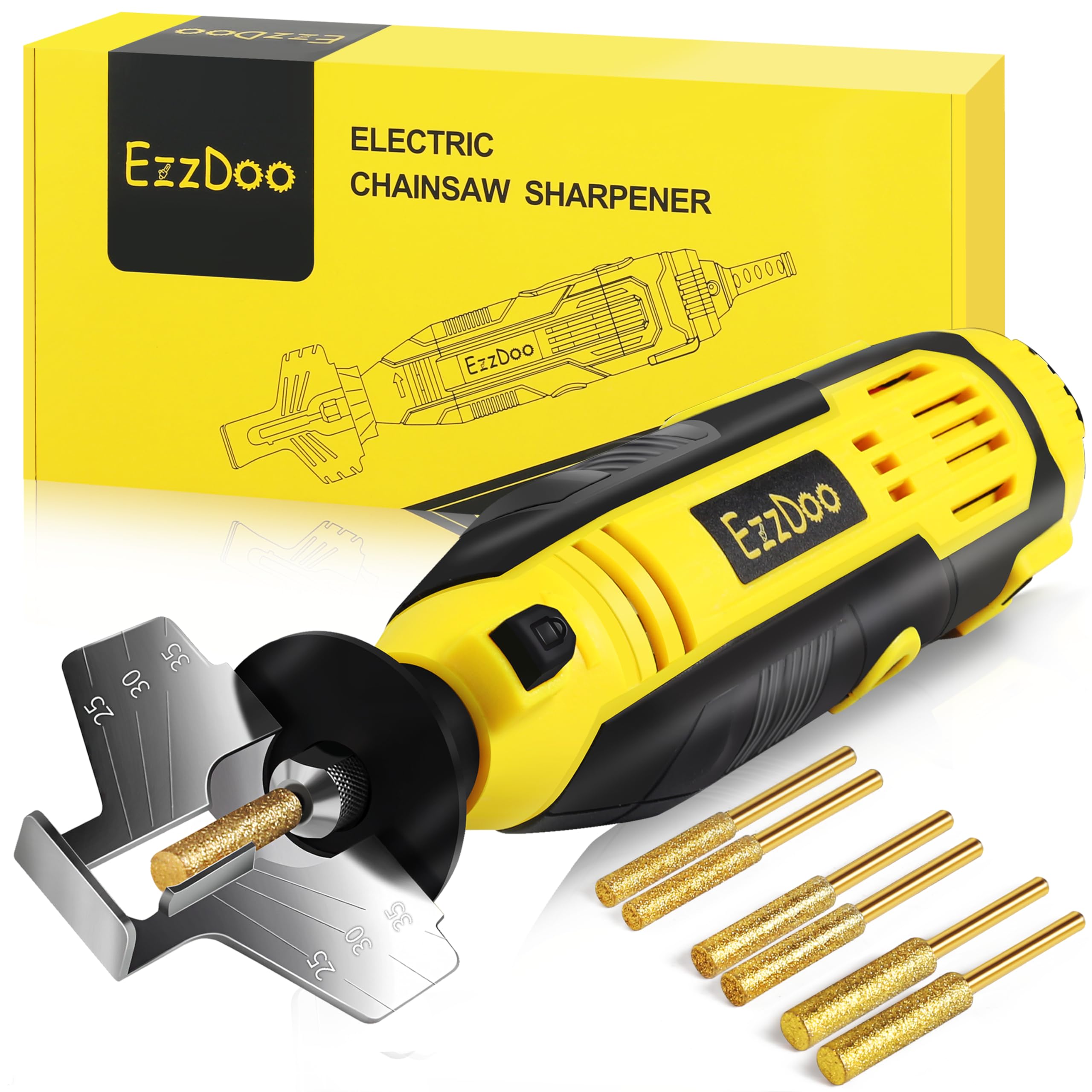 Ezzdoo Electric Chainsaw Sharpener Kit With Titanium-Plated Diamond Bits - High-Speed Chain Saw Sharpener Tool And 6 High Hardne