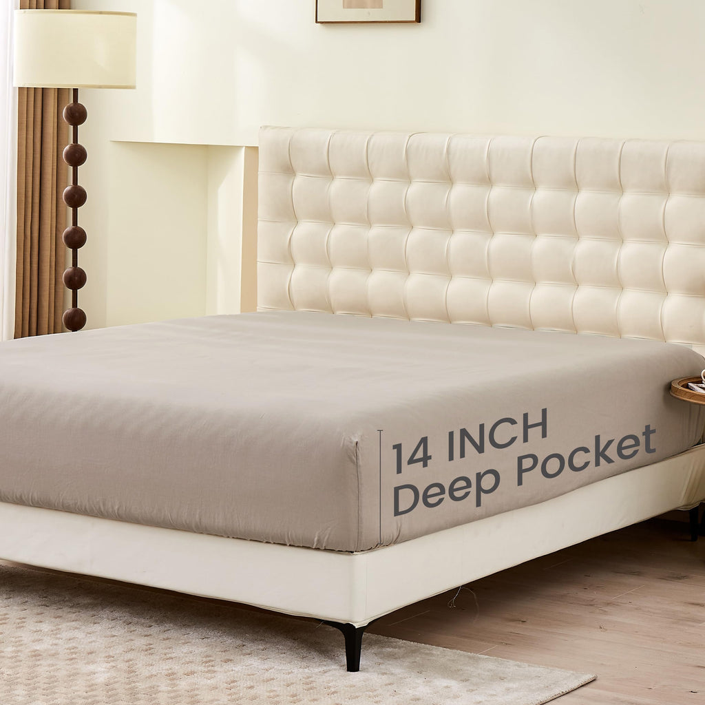 Simple&Opulence Linen Fitted Sheet (1 Piece) - 14 Inch Deep Pocket Mattress Cover Natural Flax Cotton Blended Soft Breathable Bedding - Khaki, Full Size
