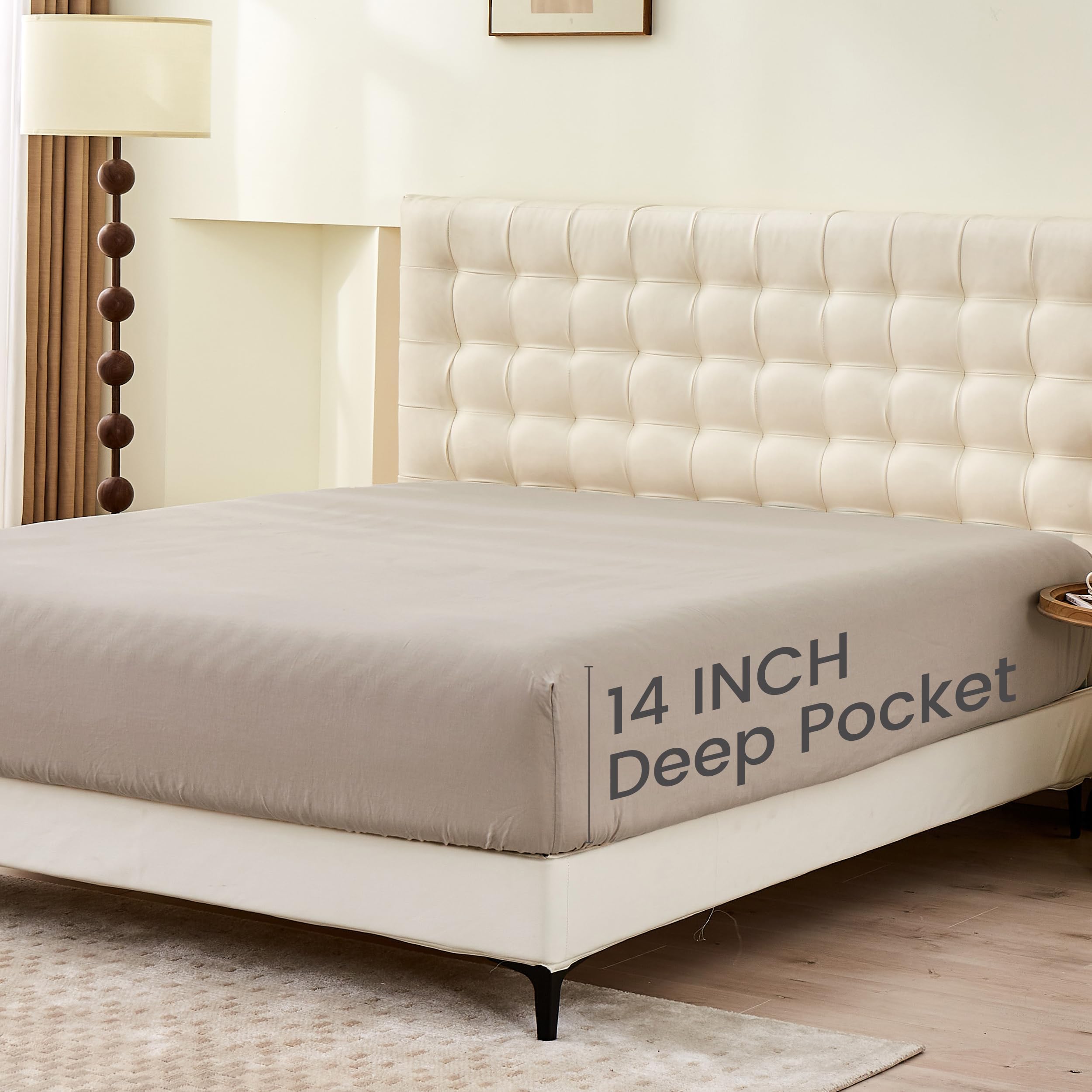 Simple&Opulence Linen Fitted Sheet (1 Piece) - 14 Inch Deep Pocket Mattress Cover Natural Flax Cotton Blended Soft Breathable Bedding - Khaki, Full Size