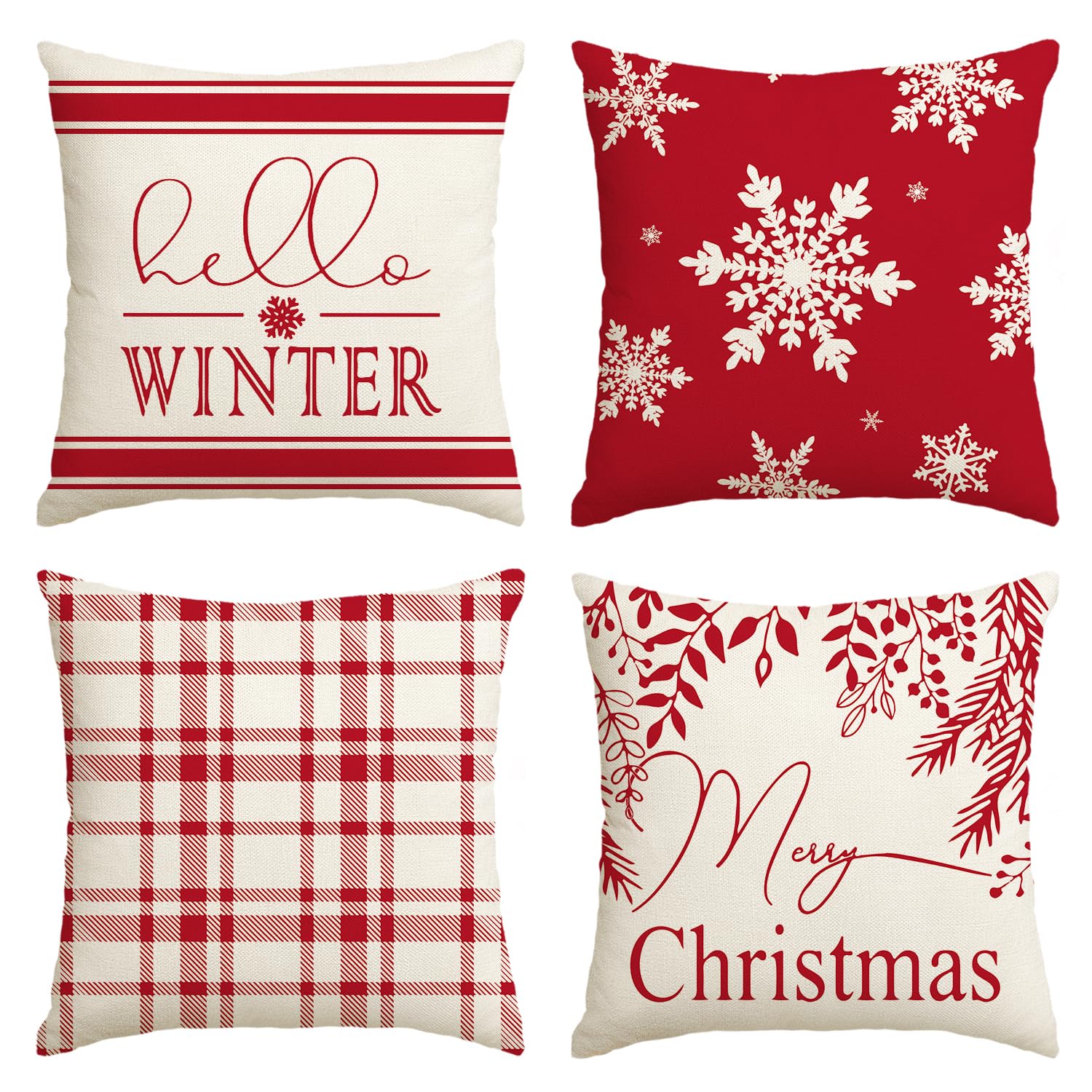 Avoin Colorlife Merry Christmas Hello Winter Buffalo Plaid Snowflake Red Throw Pillow Cover, 18 X 18 Inch Winter Holiday Cushion