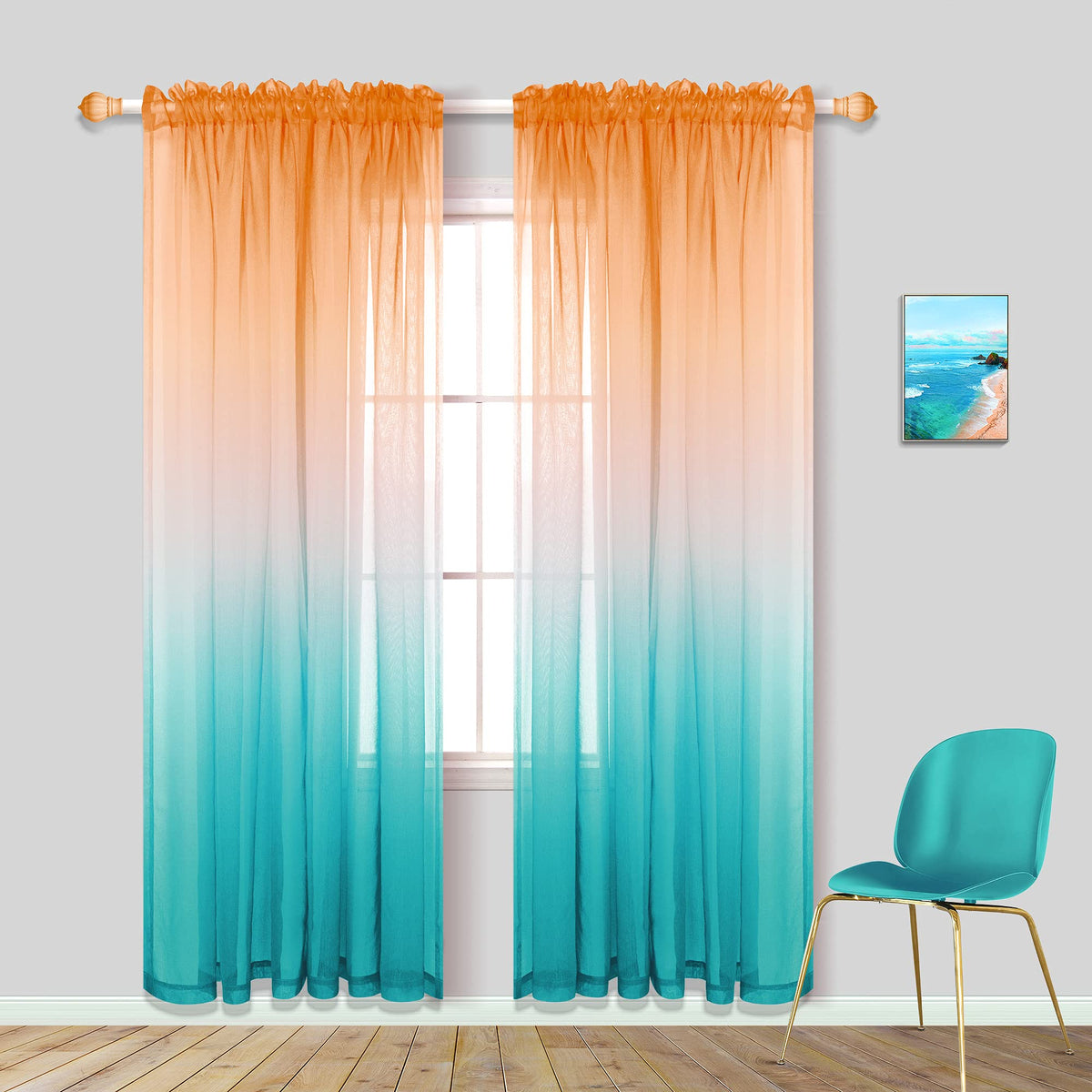 Orange Sheer Curtains 84 Inch Length For Bedroom 2 Panels Set Window Drapes Ombre Orange And Green Sea Teal Beach Vacation Holid
