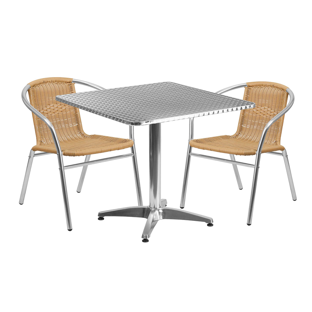 Flash Furniture Lila 31.5'' Square Aluminum Indoor-Outdoor Table Set With 2 Beige Rattan Chairs