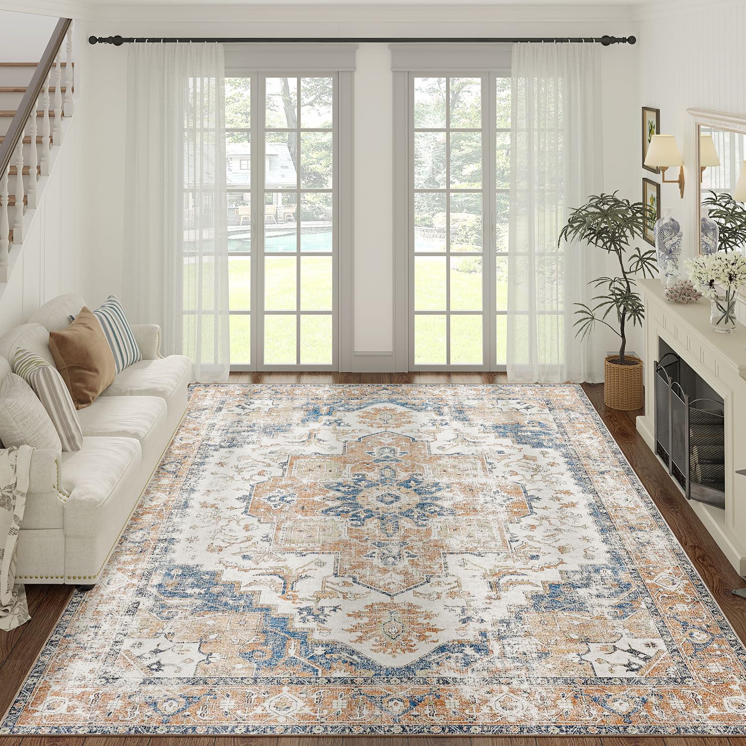 jinchan Area Rug 8x10 Washable Rug Vintage Rug Indoor Floor Distressed Carpet Orange Multi Thin Rug Chenille Mat Accent Rug Ligh