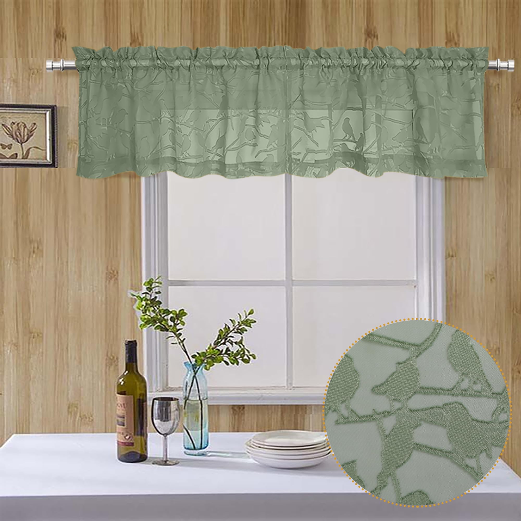 Ovzme Anji Bird 2 Panels Sheer Kitchen Valances For Windows 14 Inches Long, Classic Rod Pocket Light Filtering Semi Sage Green S