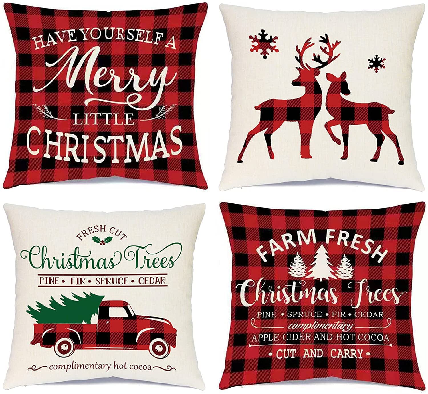Ueerdand Christmas Decorations Pillow Covers 1818 Set Of 4 Black And Red Xmas Farmhouse Buffalo Plaid Truck Throw Pillow Case Fo