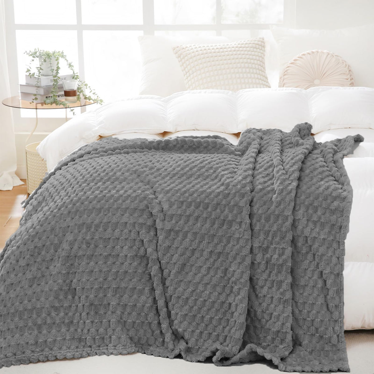 Puncuntex Grey Throw Blanket 90''  90'' Inches Fuzzy 3D Jacquard Decorative Flannel Fleece Super Soft Plush Cozy Blanket For Cou