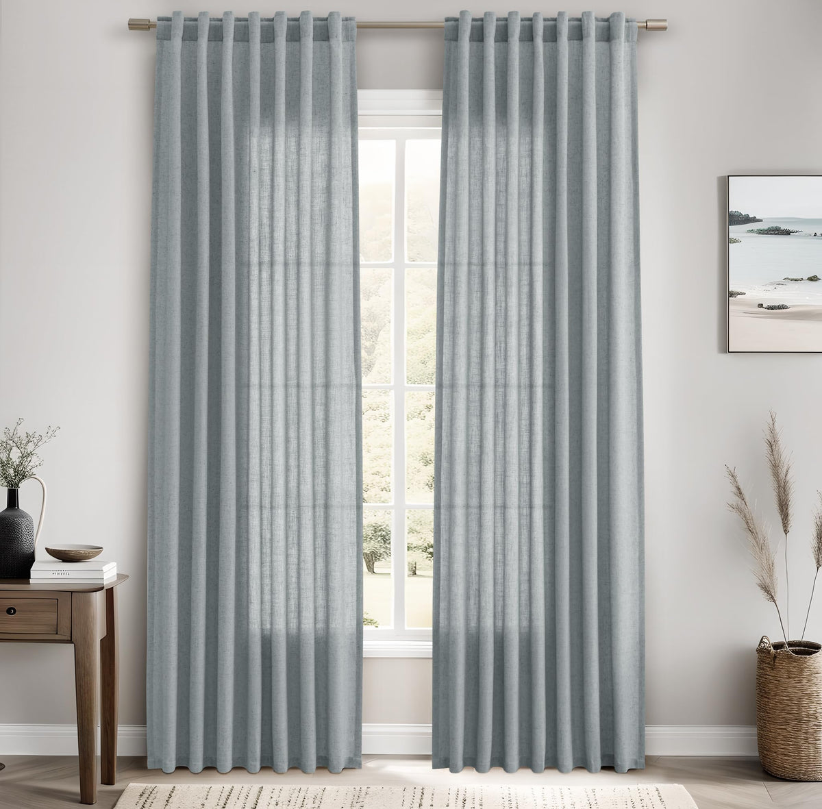 Joywell Blue Hook Belt Linen Semi Sheer Curtains 84 Inches Length Long Rod Pocket Back Tab Hook Belt Clip Rings Window Curtains Drapes For Bedroom Living Room 2 Panels 52X84