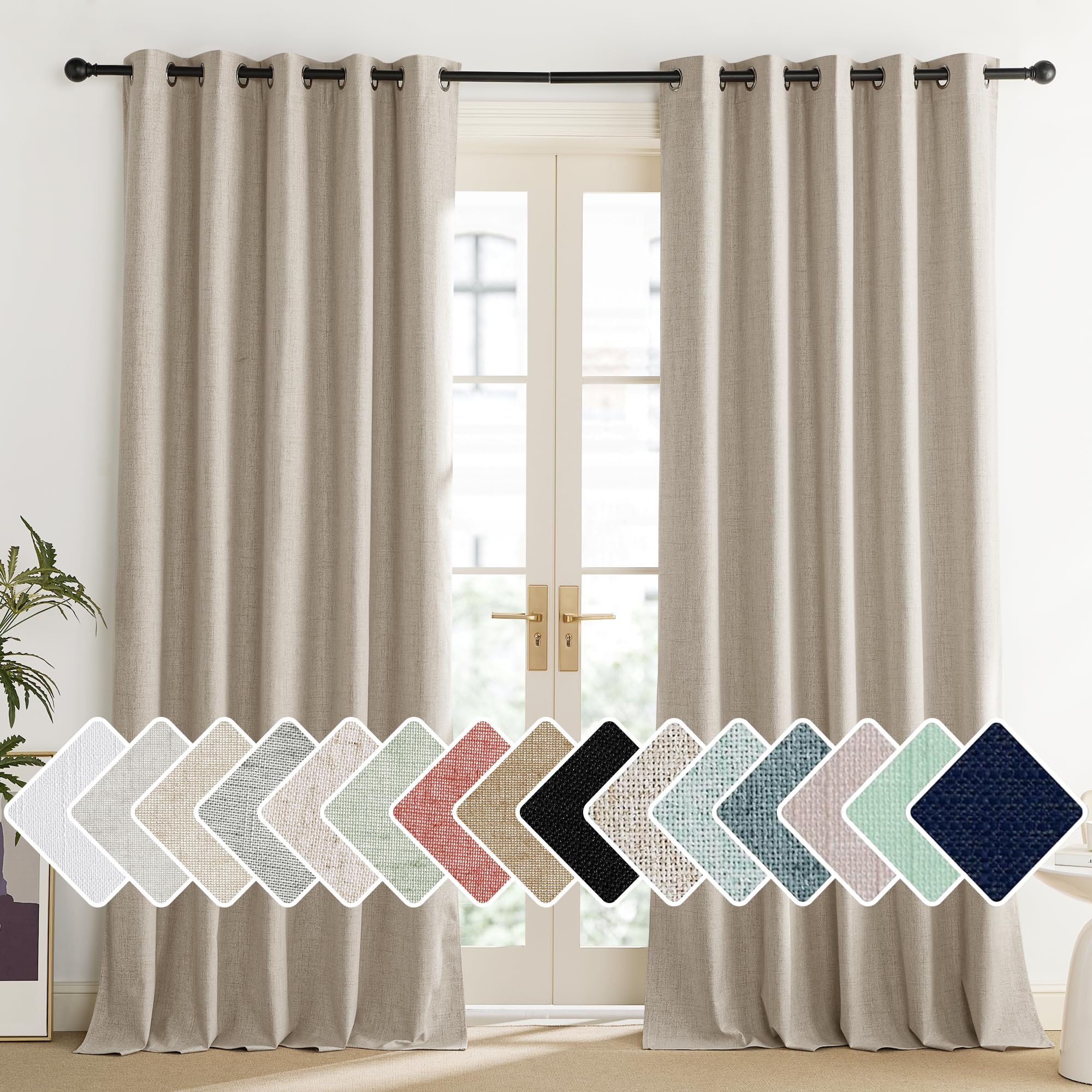 NICETOWN Oatmeal Vintage Open Linen Weave Flax Thermal Curtains, 100% Blackout Curtains 102 Long for Dining Room, Soundproof Win