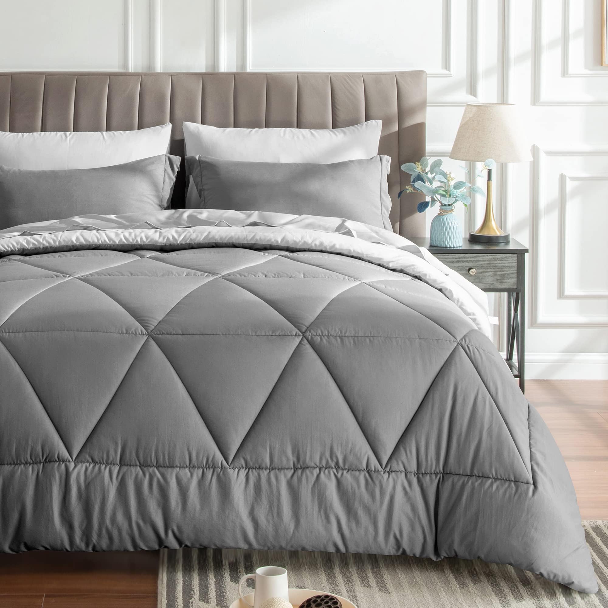 Bedelite Twin Comforter Set 5 Pieces Bed In A Bag - Soft Microfiber Reversible Grey Bed Set With Comforters, Sheets, Pillowcase