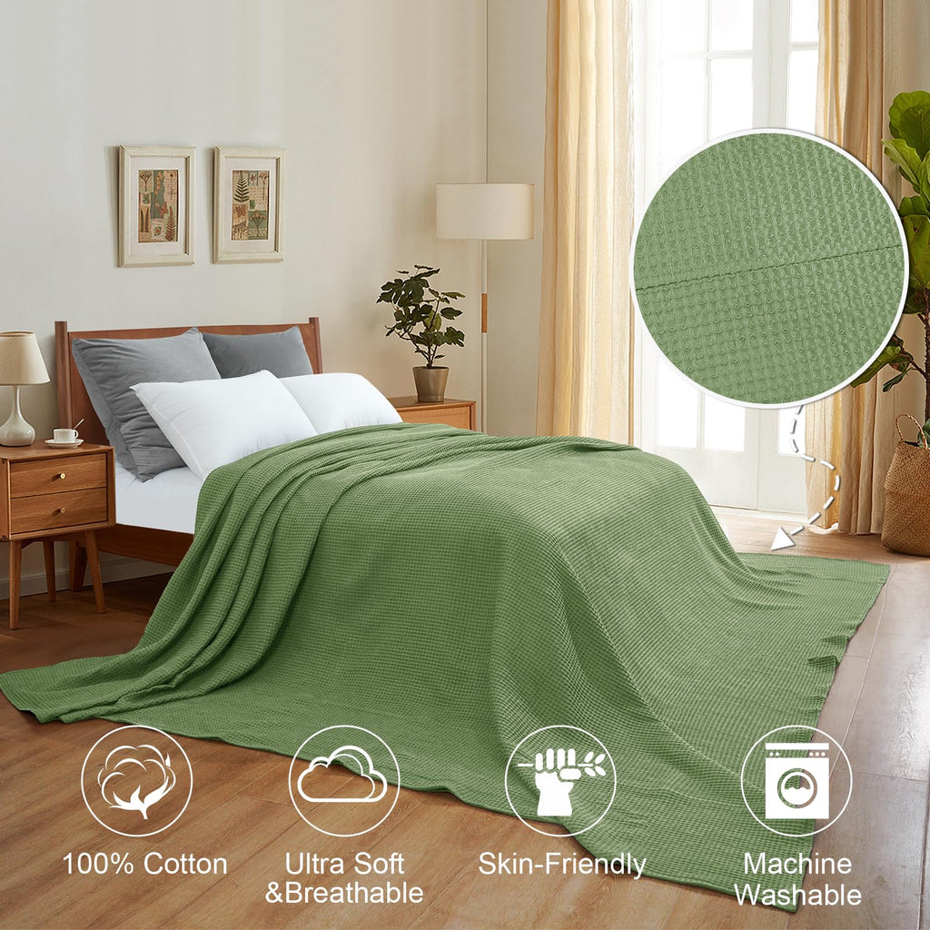 Phf 100% Cotton Waffle Weave Blanket Oversized King Size 120'X 120'-Lightweight Washed Soft Breathable Oversize Huge Blanket-Extra Large Big Blanket For Couch Bed Sofa-Aesthetic Home Decor-Loden Green