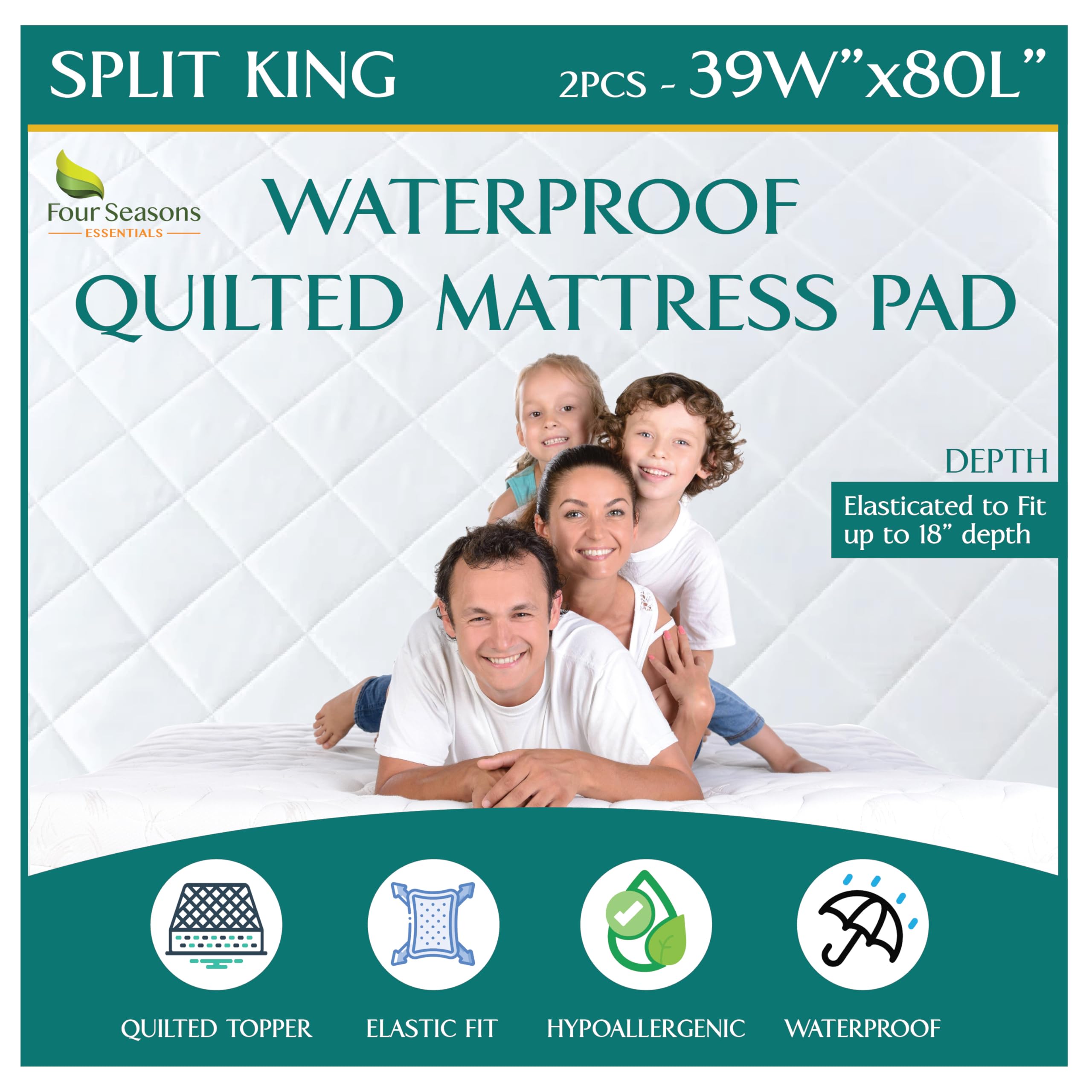 Split King Size Waterproof Mattress Pad - Fitted Mattress Protector With Quilted Pillow Top Mattress Topper - Quality Hypoallerg