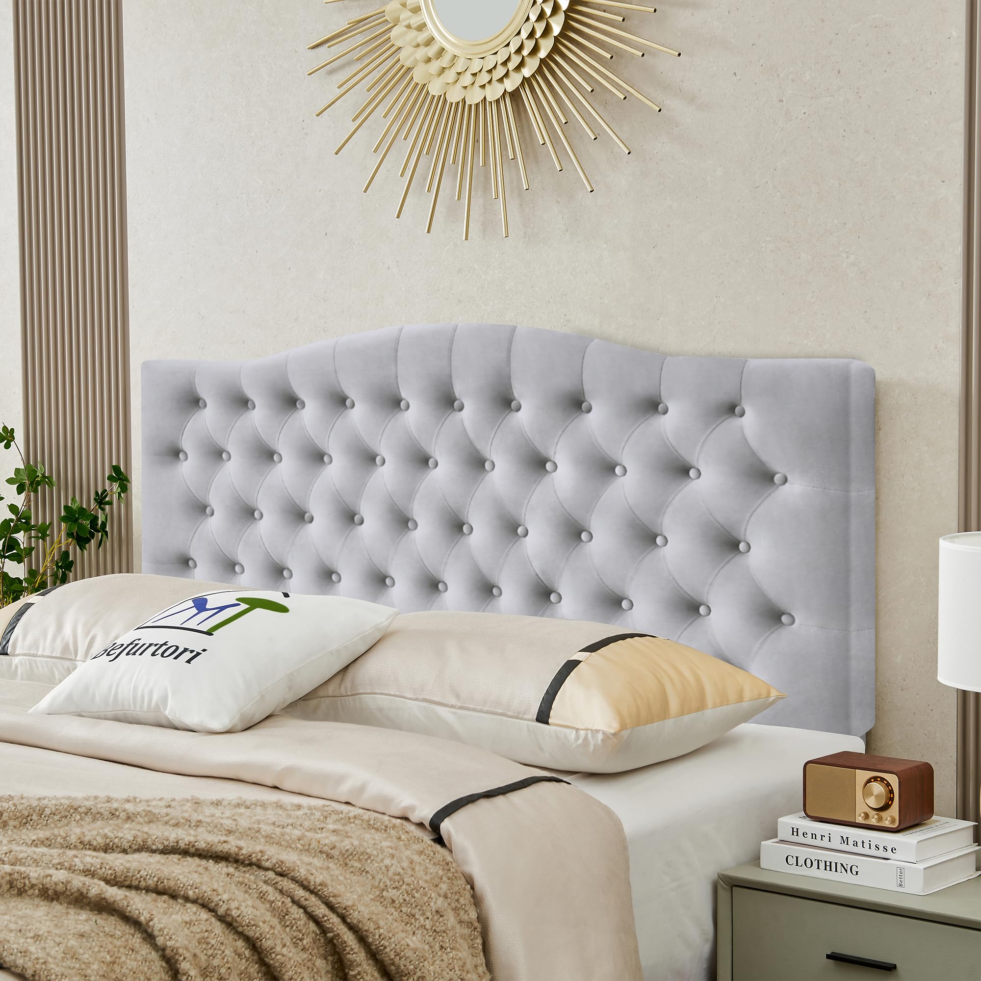 Befurtori Frosted Velvet Upholstered Headboard Queen Size, Tufted Queen Headboard For Queen/Full Adjustable Bed, Curved Integrated Design With Tufted Solid Wood Head Board And Luxury Soft Padded, Gray