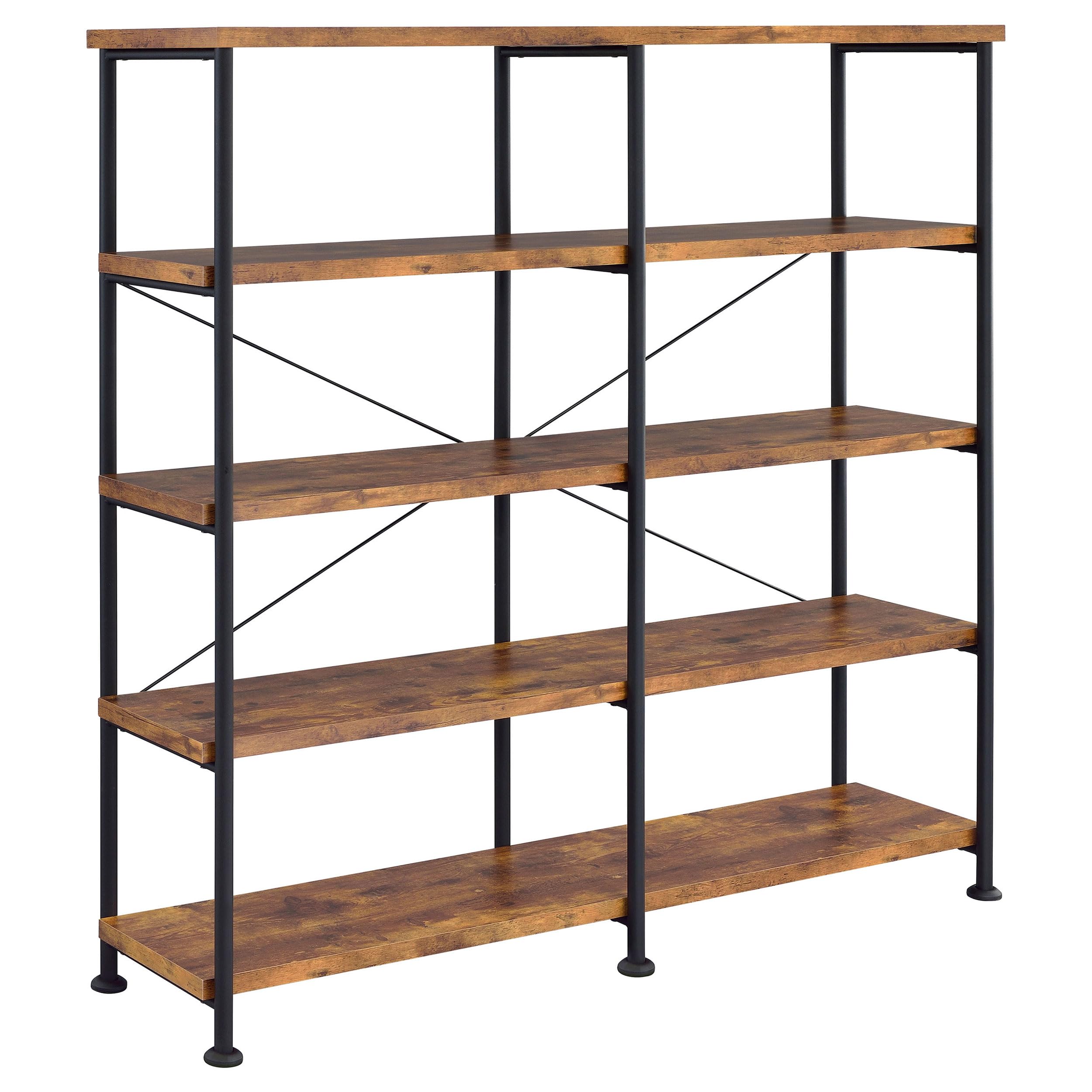 Coaster Home Furnishings Analiese Rustic Industrial 4-Tier Double Bookcase Etagere Bookshelf Office Storage Book Shelf Engineered Eco-Friendly Wood Laminate Sturdy Black Steel Rustic Nutmeg 801543