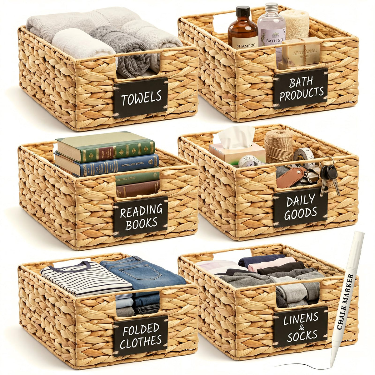 Nitial Wicker Storage Baskets Set of 6, 16 x 12 x 5 Inch, Natural