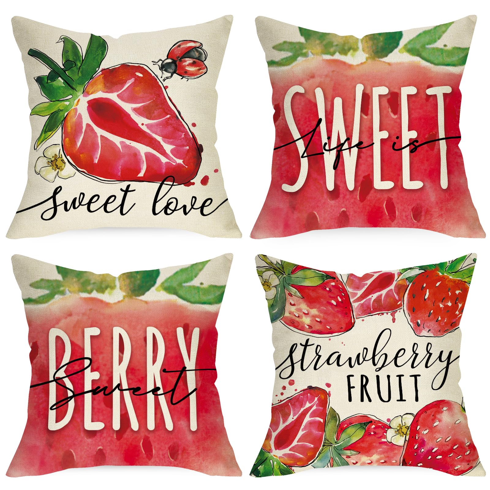 Ussap Spring Summer Strawberry Decorative Throw Pillow Covers 16 x 16 Set of 4, Life is Sweet Red Fruit Cushion Case Decor, Swee