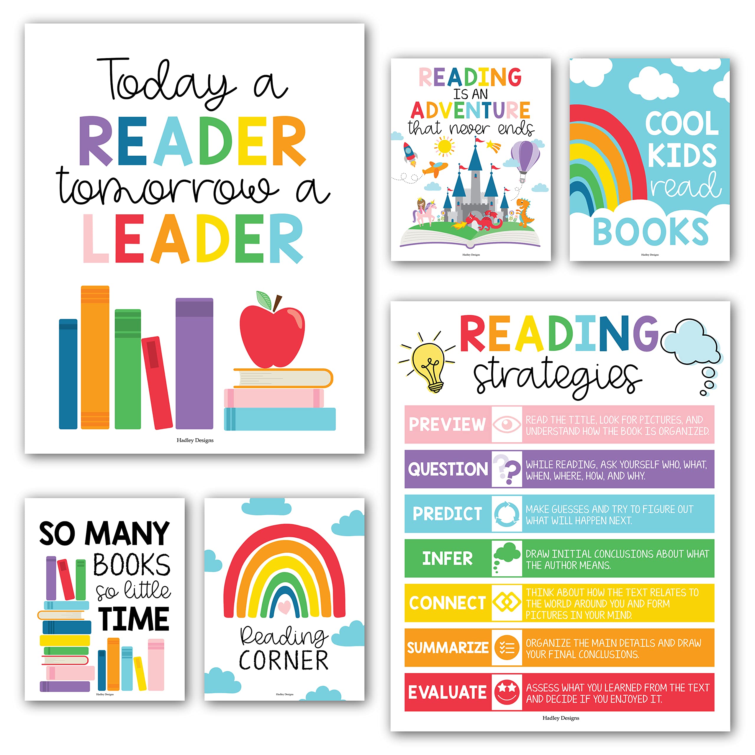 Hadley Designs 6 Colorful Reading Posters For Classroom Library Decorations For School - Reading Posters For Elementary School,