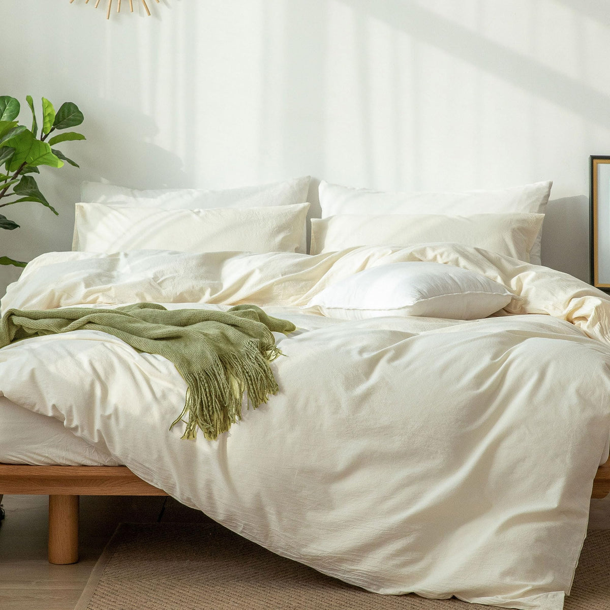 Moomee Bedding Duvet Cover Set 100% Washed Cotton Linen Like Textured Breathable Durable Soft Comfy (Cream White, Oversized Quee