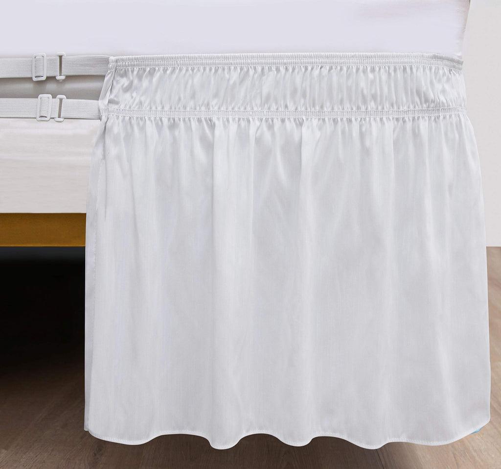 Biscaynebay Wrap Around Bed Skirts With Split Corners For Queen Beds 12' Drop, White Elastic Dust Ruffles Easy Fit Wrinkle & Fade Resistant Silky Luxurious Fabric Solid Machine Washable