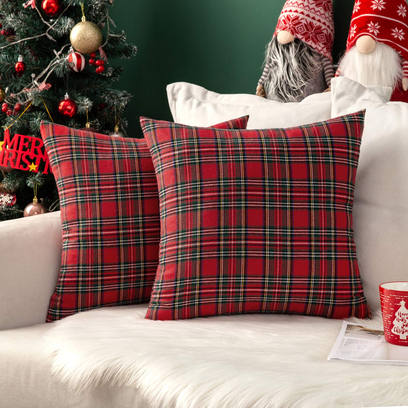 Miulee Christmas Set Of 2 Scottish Tartan Plaid Throw Pillow Covers Farmhouse Classic Decorative Square Cushion Cases For Home D