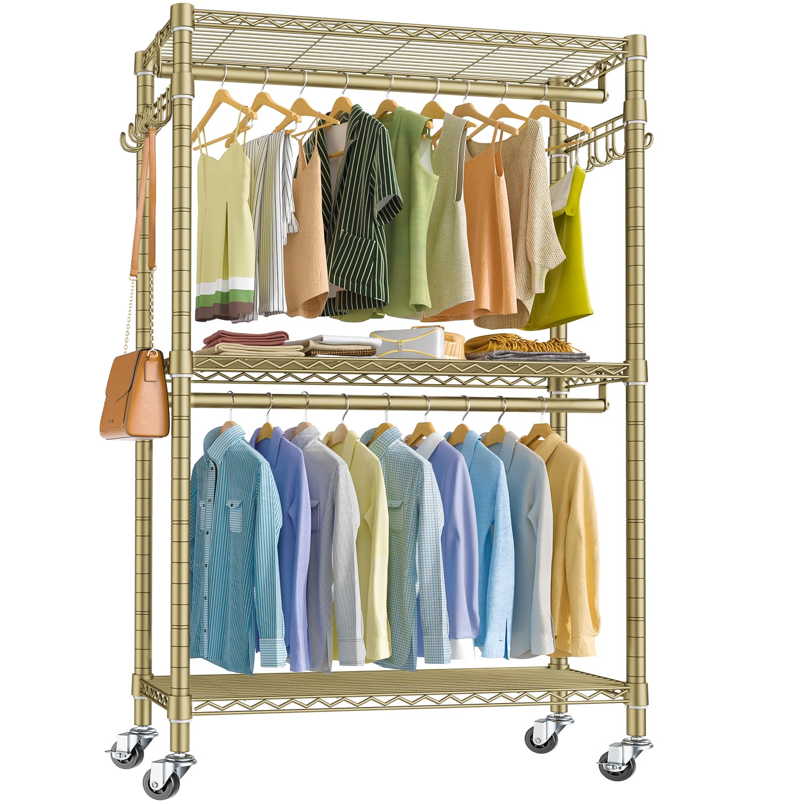 VIPEK V12 Rolling Clothes Rack for Hanging Clothes Heavy Duty Garment Rack 3 Tiers Adjustable Wire Shelving Clothing Rack with D