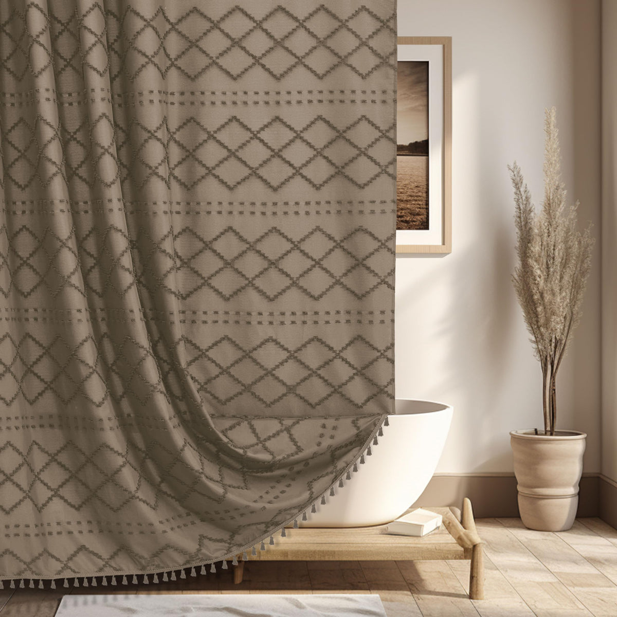 Siiluminisoy Extra Long Boho Farmhouse Shower Curtain Woven Fabric Khaki 84 Inch Shower Curtain, 72 X 84 Tufted Chevron Textured