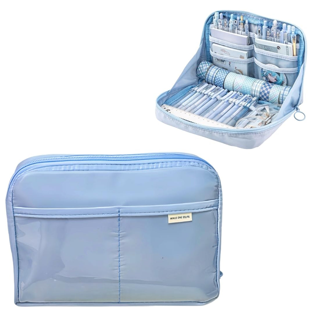 UIVXXUD Kawaii Aesthetic Pencil Case, Large Capacity Canvas Pen Pouch, Polyester, Blue, 8.7 x 5.1 x 1.18''