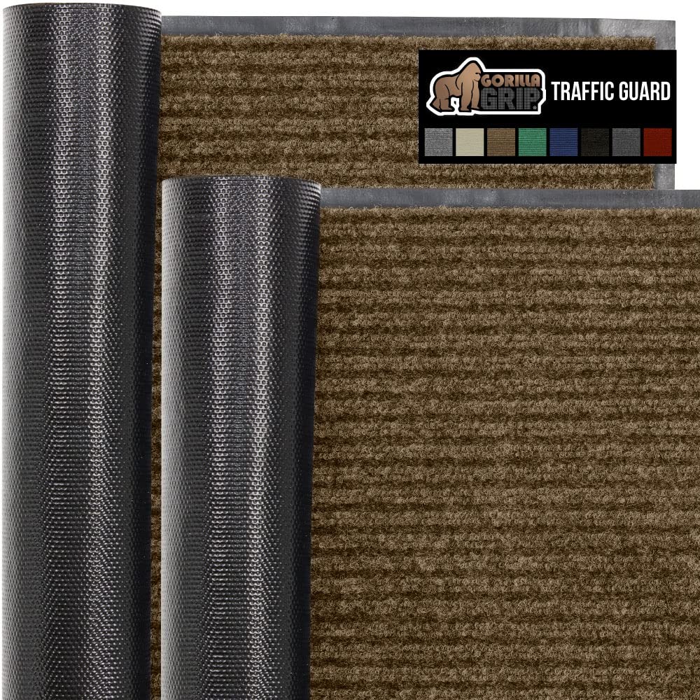 Gorilla Grip Waterproof Heavy Duty Traffic Guard Doormat, 2 Pack, Stain And Fade Resistant, Durable Rubber, Low Profile Door Mat, Shoe Scraper, Welcome Mats, 35X23, Brown