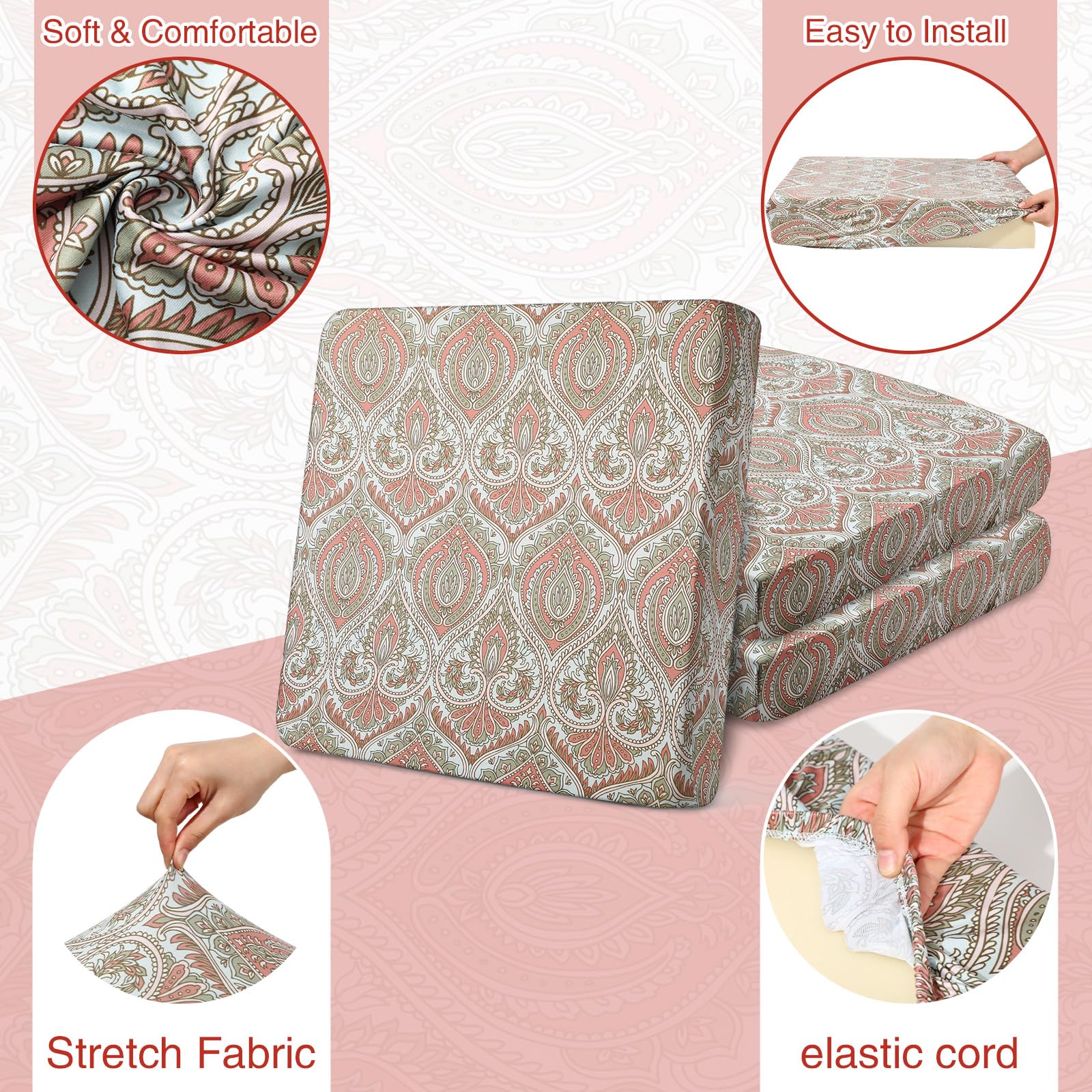 Newwiee 12 Pcs Patio Stretch Sofa Cushion Covers Outdoor Cushion Cover Replacement Couch Slipcover Sofa Seat Cover Flexibility Chair Cushion Cover Porch Patio Furniture Protector (Red,Paisley Print)