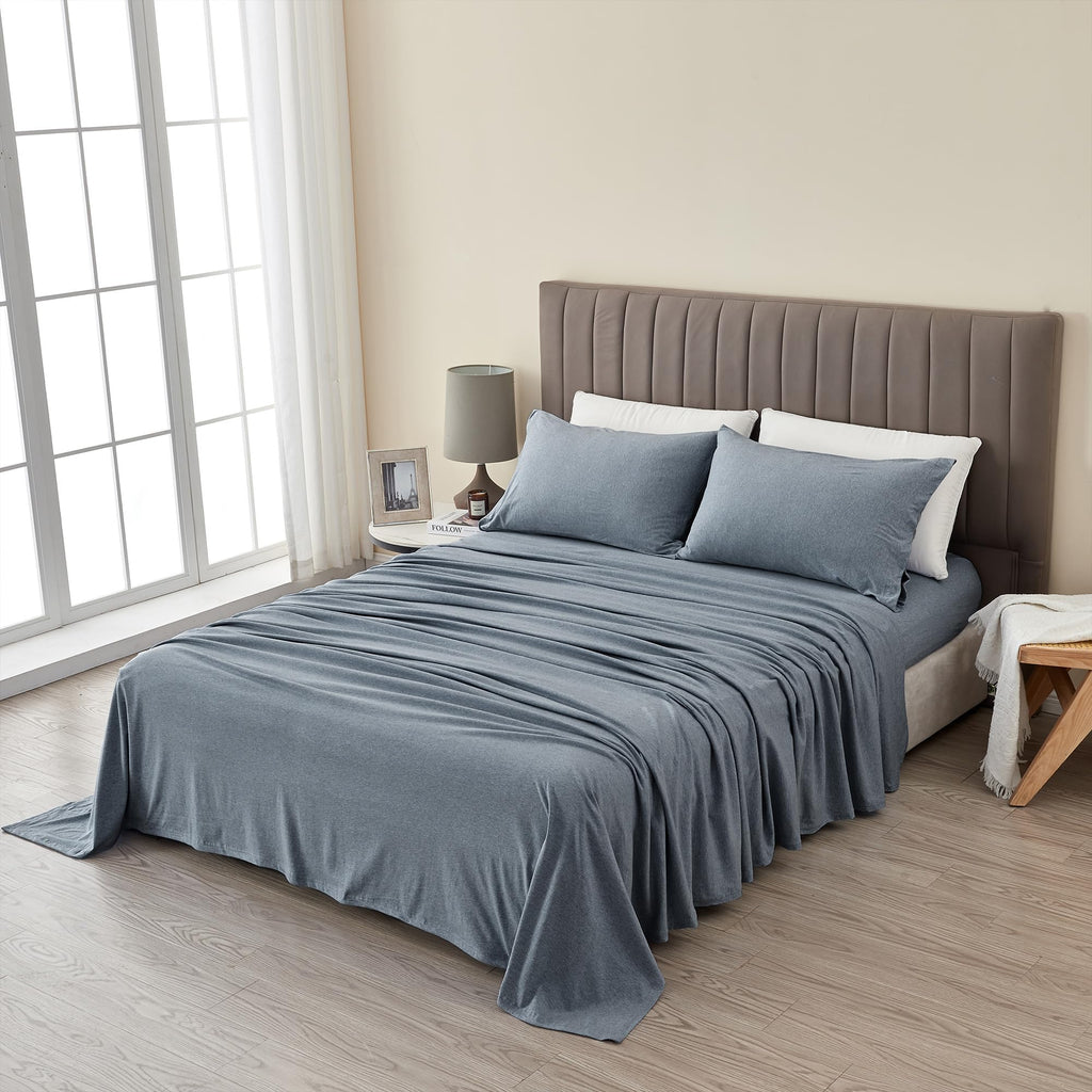 3 Piece Jersey Knit Twin Cotton Blend Blue Sheet Set | Ultra-Soft T-Shirt Jersey Bedding Sheets & Pillowcases | Heathered, Breat