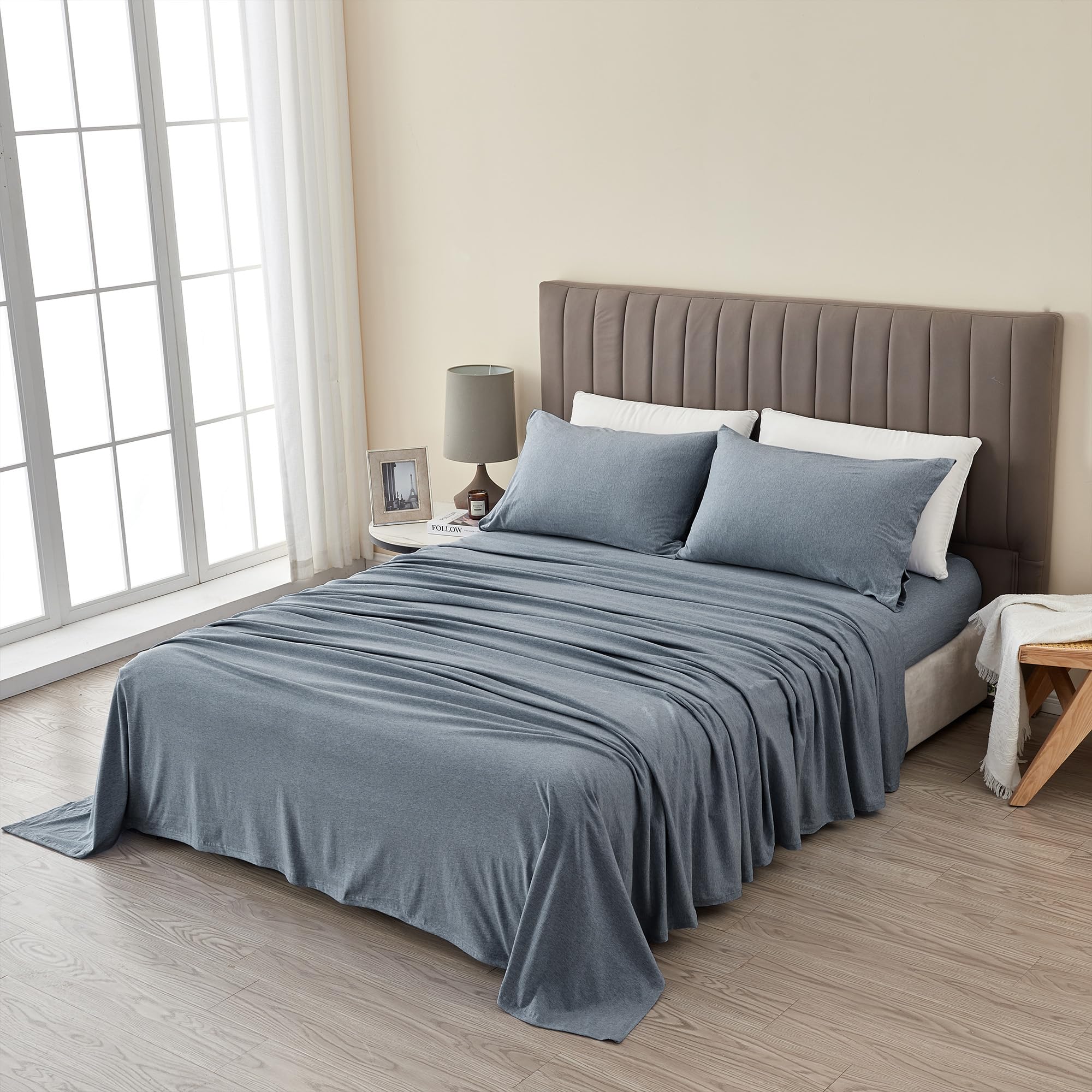 Great Bay Home King Cotton Jersey Knit Sheet Set - Ultra-Soft Heathered Denim Blue T-Shirt Style Bed Sheets & Pillowcases