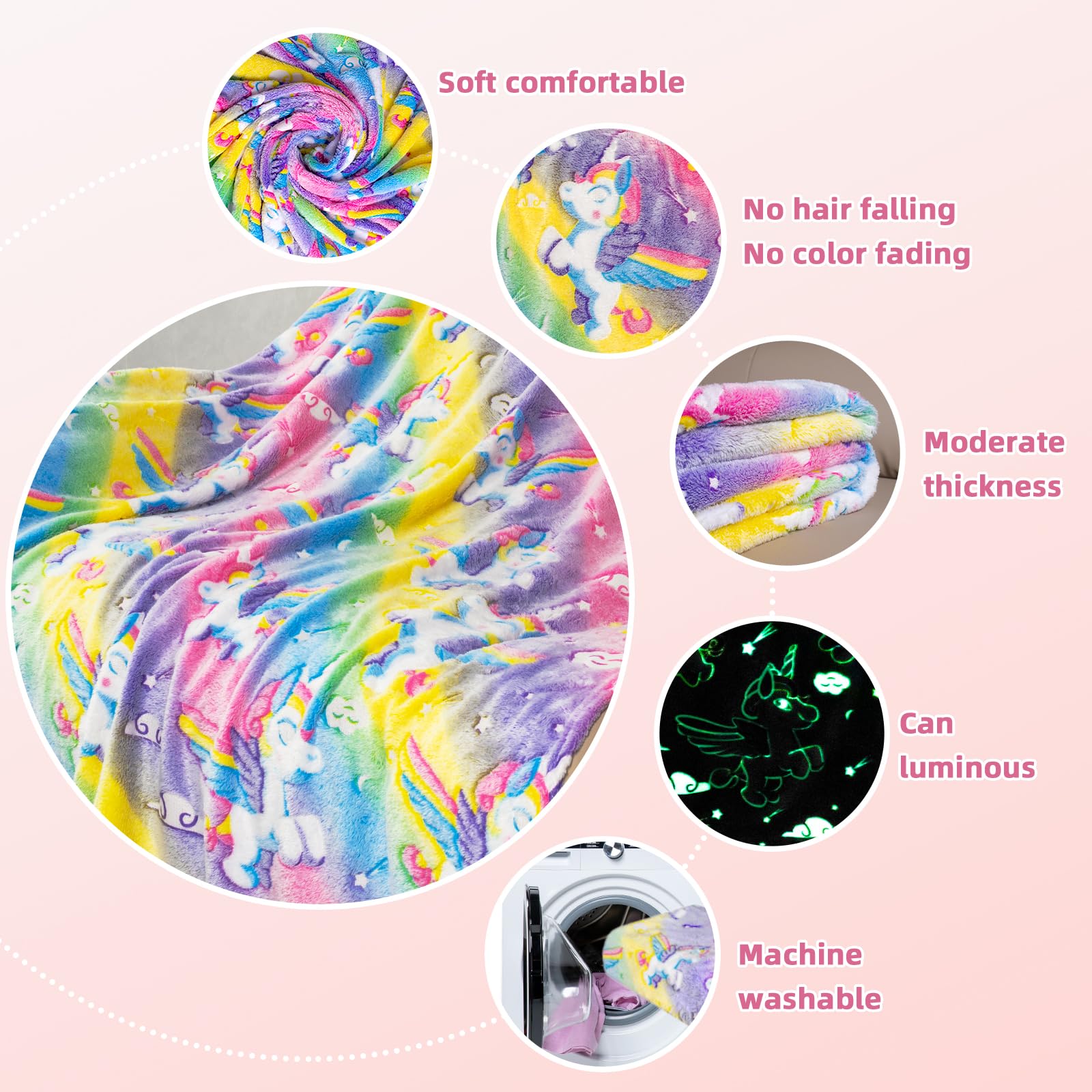 Glow In The Dark Unicorn Blanket 50X60 Inch Rainbow Blanket Gifts For Girls Soft Pink Throw Blanket For Bed 3 4 5 6 7 8 9 10 Yea