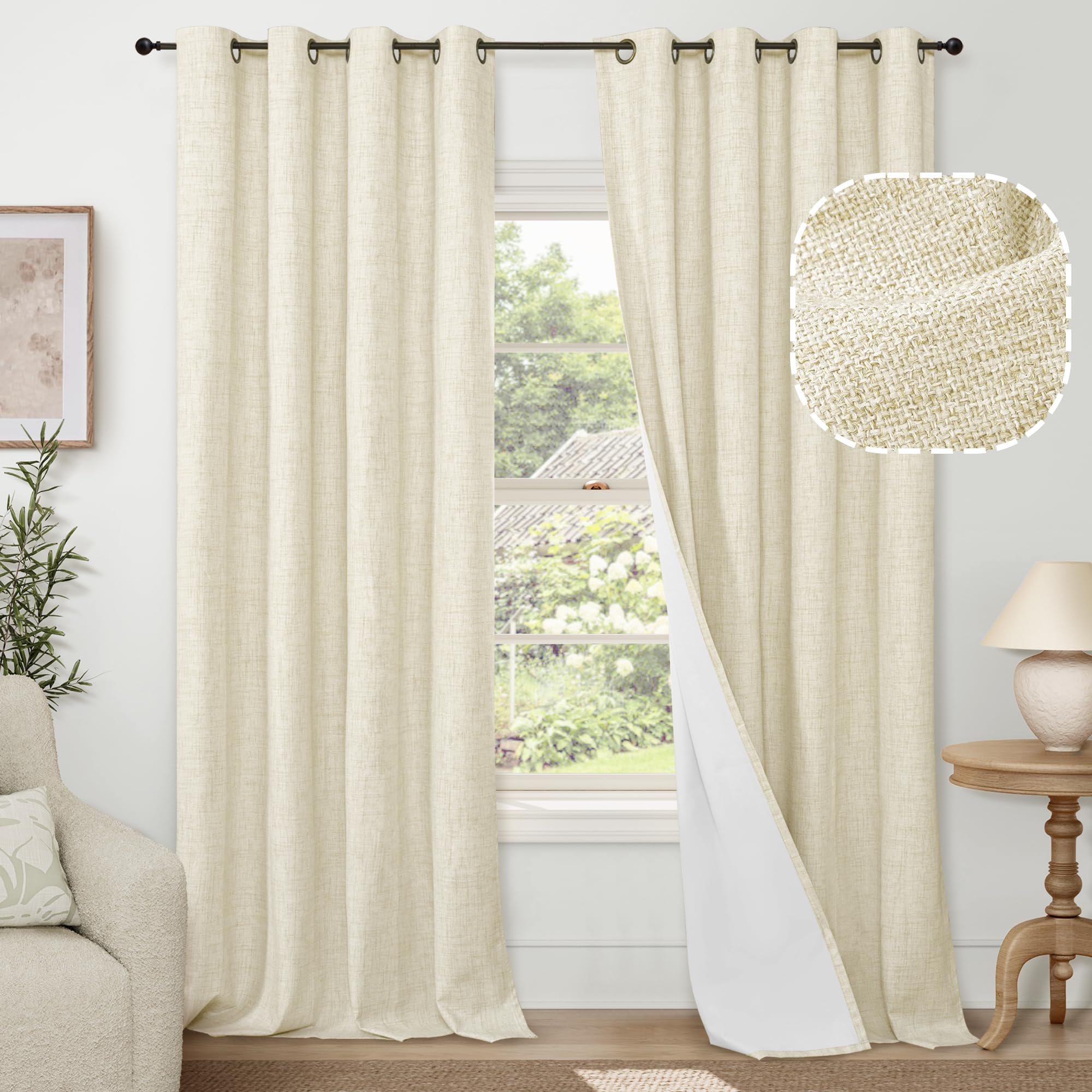 Lajode Cream 100% Blackout Linen Curtains For Living Room 84 Inch Length 2 Panels Set, Faux Linen Thermal Insulated Light Blocki