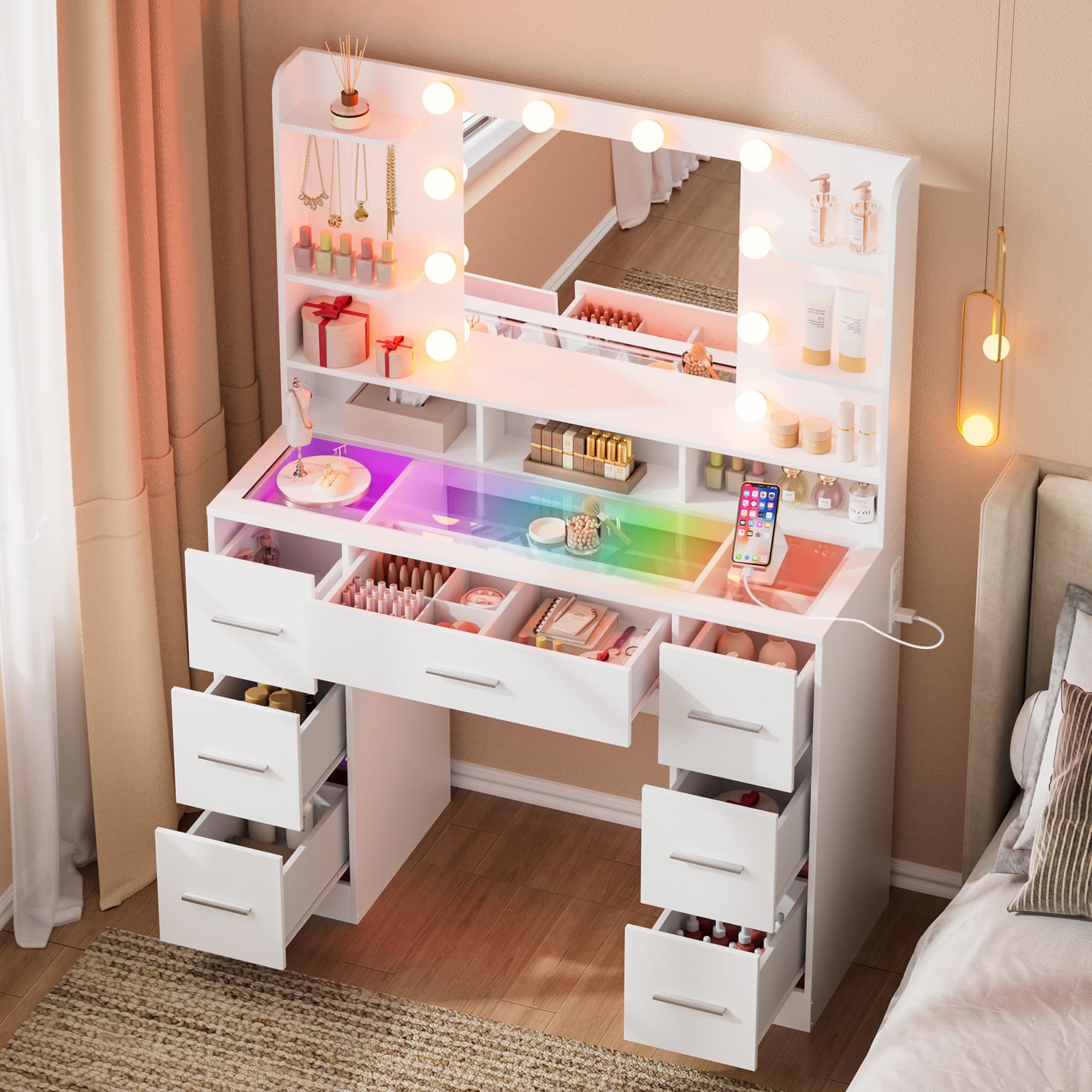 ERLEJIA Vanity Desk with Mirror and Lights, 41.34 7-Drawer Makeup Table with RGB Transparent Top, Power Outlet, No Stool, 9 Open
