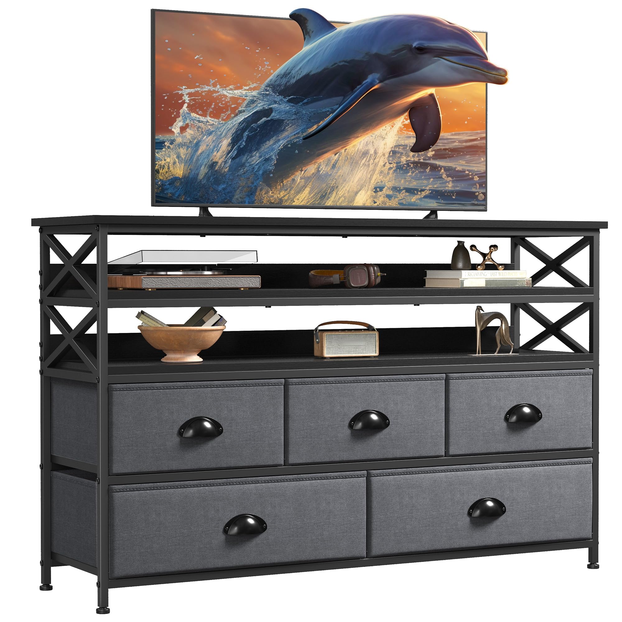 Enhomee Dresser For Bedroom With 5 Drawers, 55' Tv Stand Dresser With Open Shelf, Fabric Dressers & Chests Of Drawers For Entryway, Closet, Grey