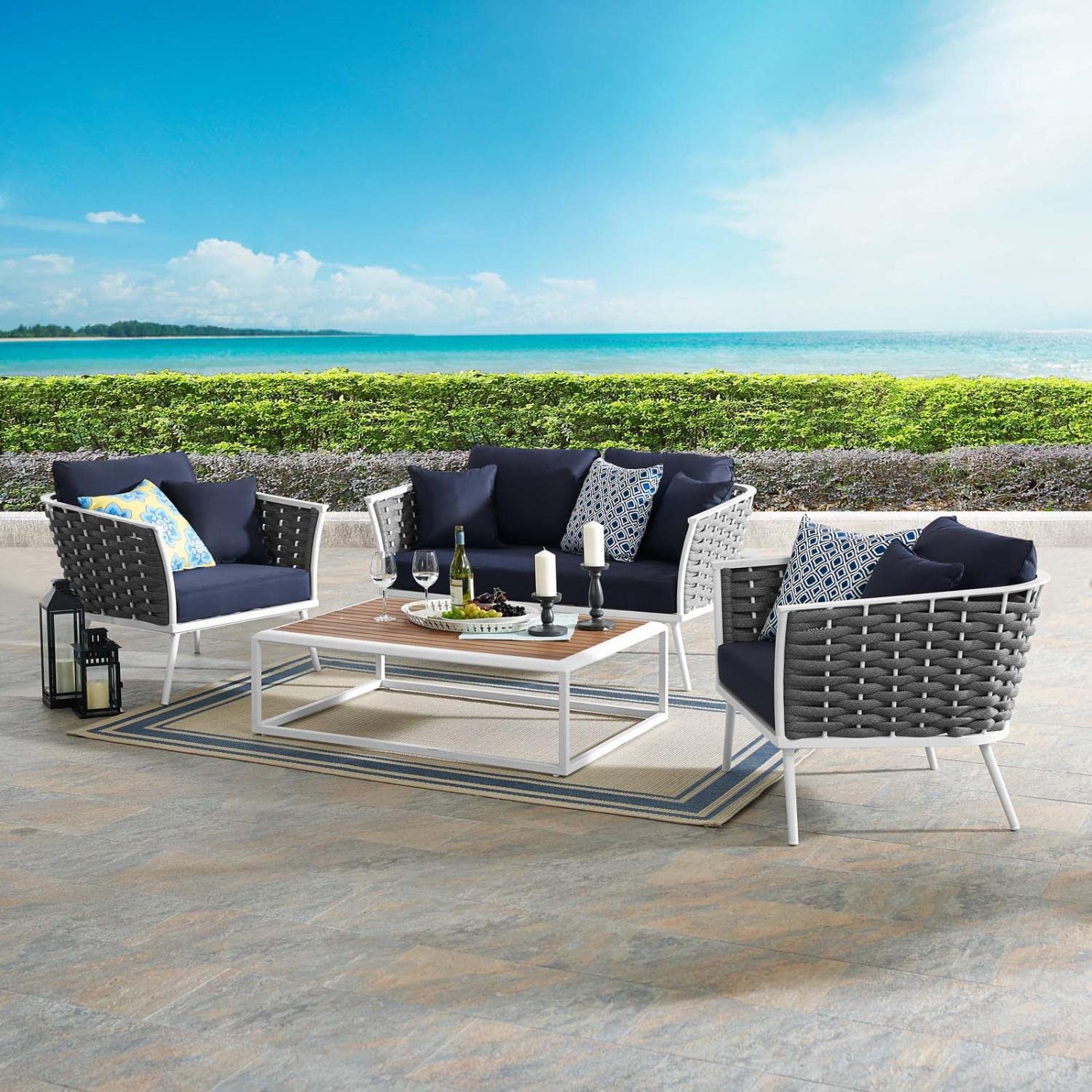 Modway Stance Outdoor Patio Aluminum Sectional Sofa Set, 4 Piece, White Navy