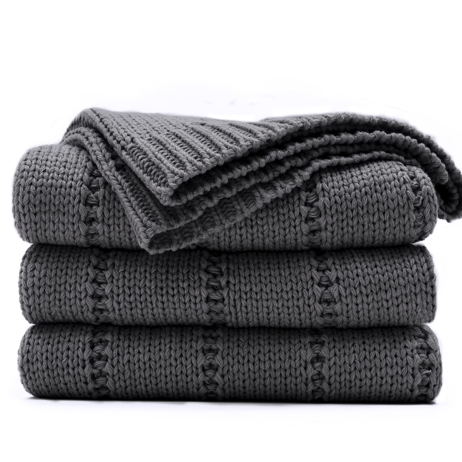 Recyco Cable Knit Dark Grey Throw Blanket For Couch, Super Soft Warm Cozy Decorative Knitted Throw Blanket 2.3Lb For Bed, Sofa,