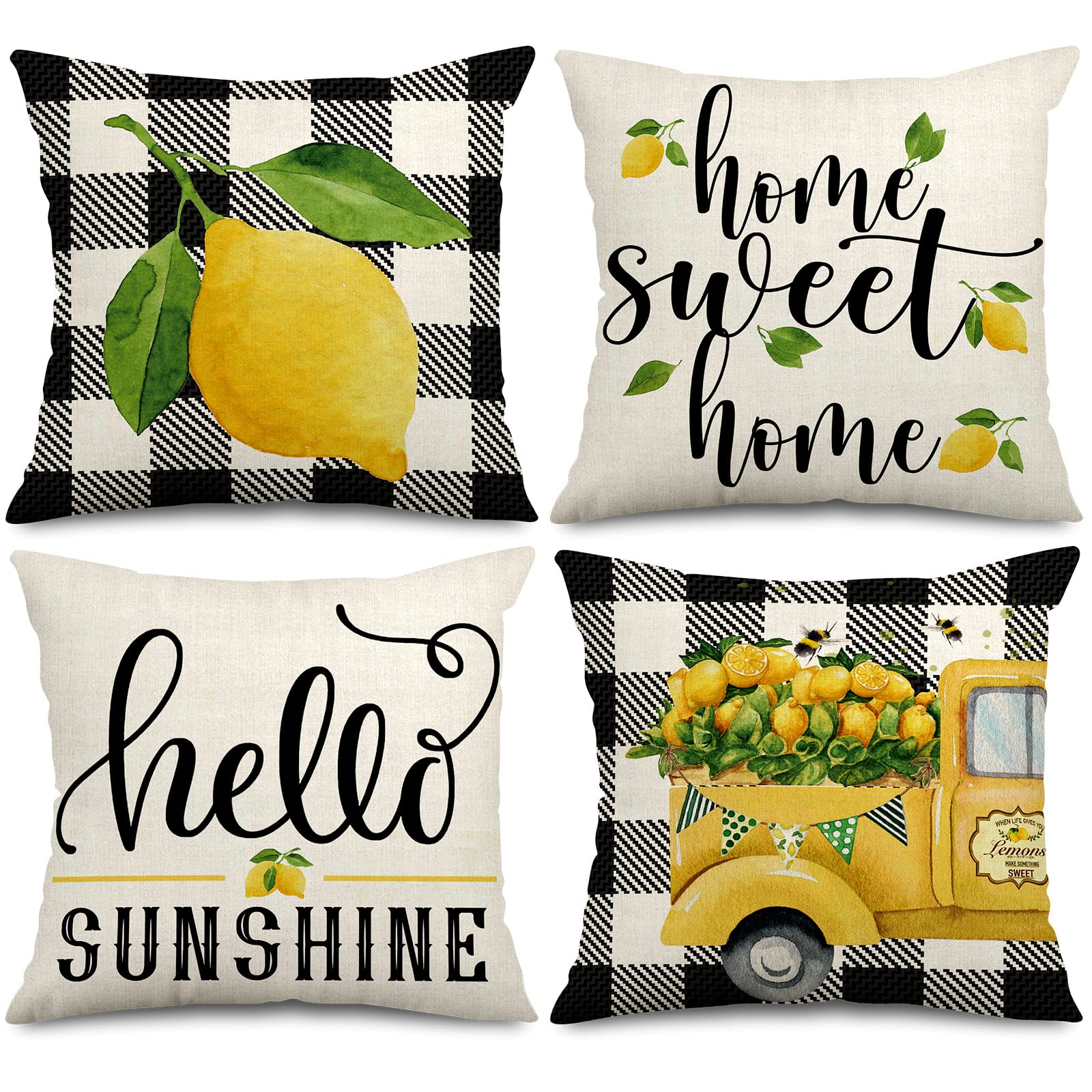 Anydesign Lemon Pillow Covers 18 X 18 In Summer Farmhouse Throw Pillow Case Watercolor Cushion Case Buffalo Plaids Truck Hello S