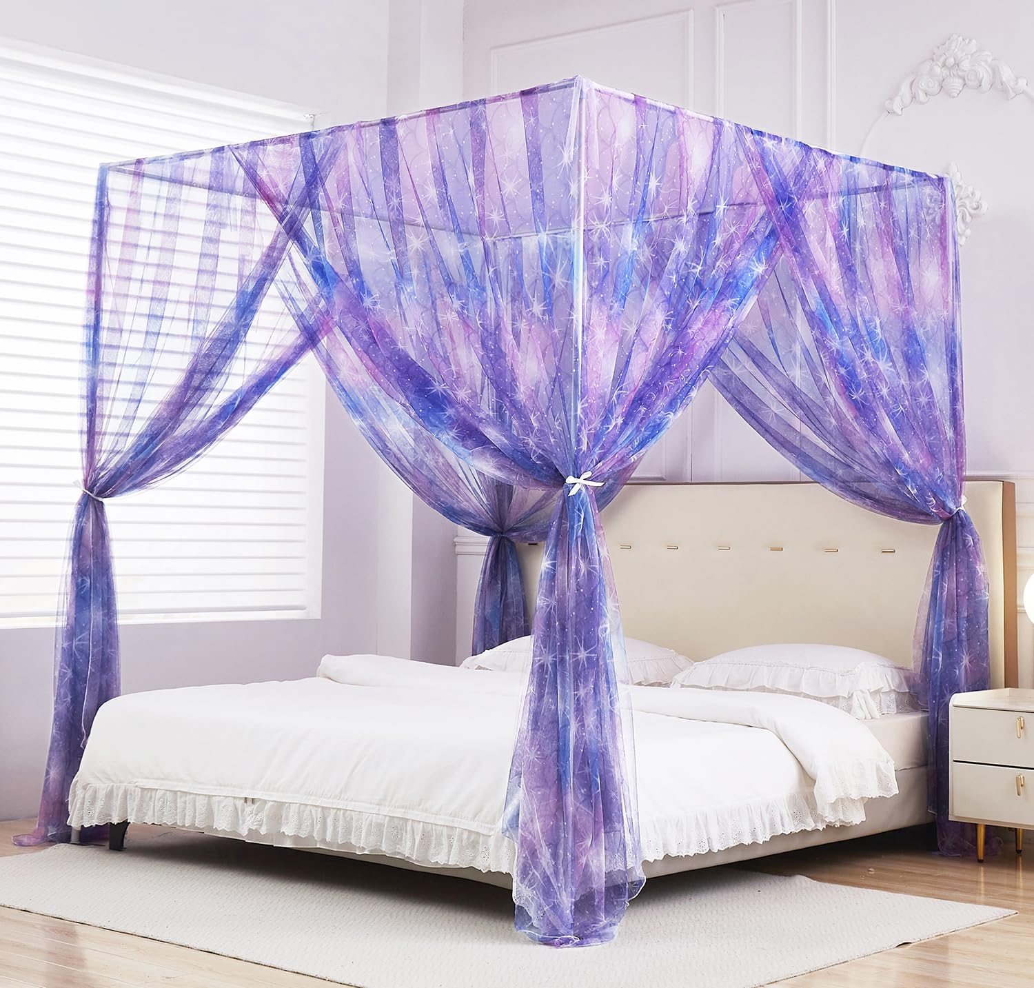 Mengersi Tie Dye Canopy Bed Curtains With Lights,Gradient Ombre Bed Canopy For Girls,Canopy For Bed Princess Bed Drapes For Girl