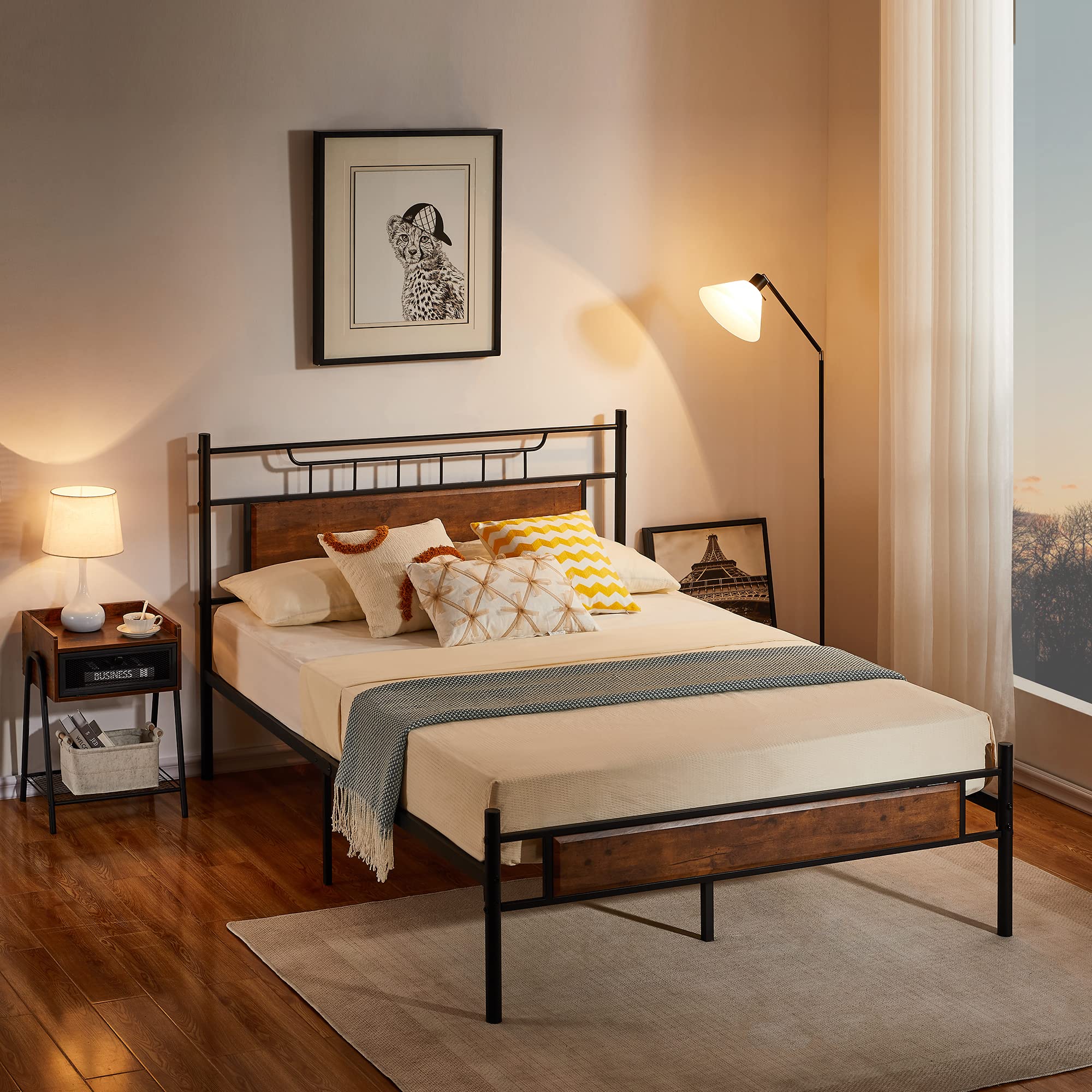 Vecelo Queen Size Platform Bed Frame With Wood Headboard/Mattress Foundation/Premium Steel Slats Support/No Box Spring Needed,Brown(Crown)