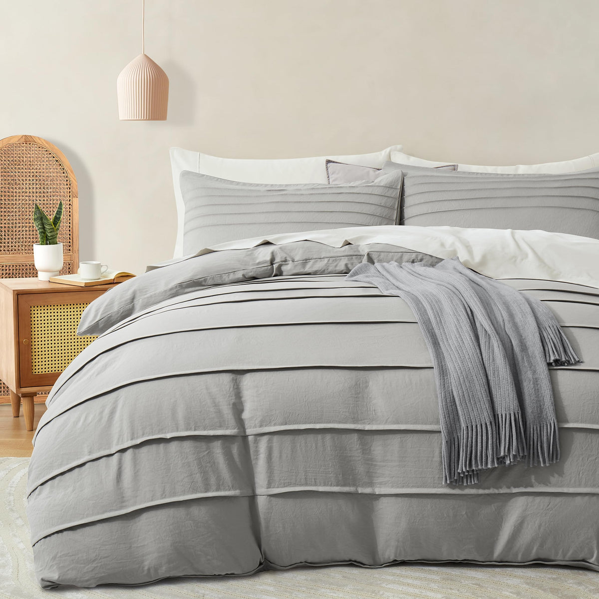Oli Anderson Light Grey Duvet Cover Size - Pleated Queen Duvet Cover, 3Pcs Soft And Breathable Textured Bedding Set With Zipper
