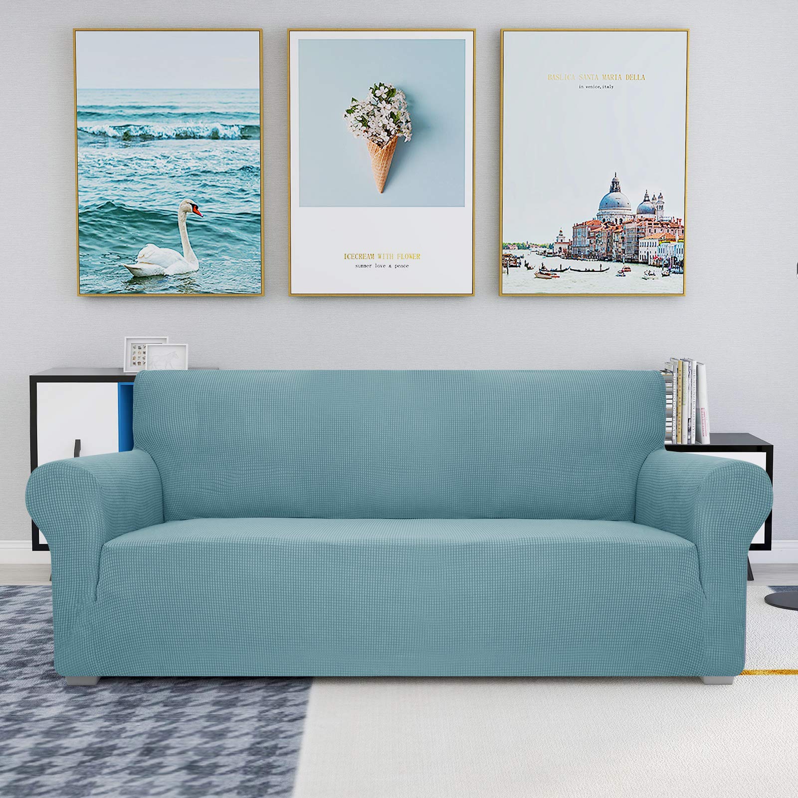 Jiviner High Stretch Couch Covers For 3 Cushion Couch 1-Piece Jacquard Elastic Sofa Slipcovers Anti Slip Sofa Cover With Elastic Bottom Furniture Protector For Kids Pets (Sofa, Blue Light)