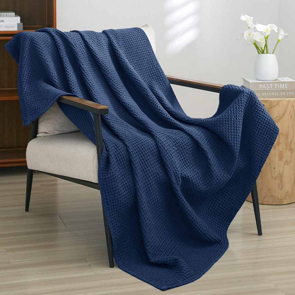 Phf 100% Cotton Waffle Weave Throw Blanket 50'X60'-Lightweight Washed Soft Breathable Blanket For Adults And Kids-Perfect Blanket Layer For Couch Bed Sofa-Elegant Home Decoration-Navy Blue