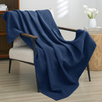 Phf 100% Cotton Waffle Weave Throw Blanket 50'X60'-Lightweight Washed Soft Breathable Blanket For Adults And Kids-Perfect Blanket Layer For Couch Bed Sofa-Elegant Home Decoration-Navy Blue