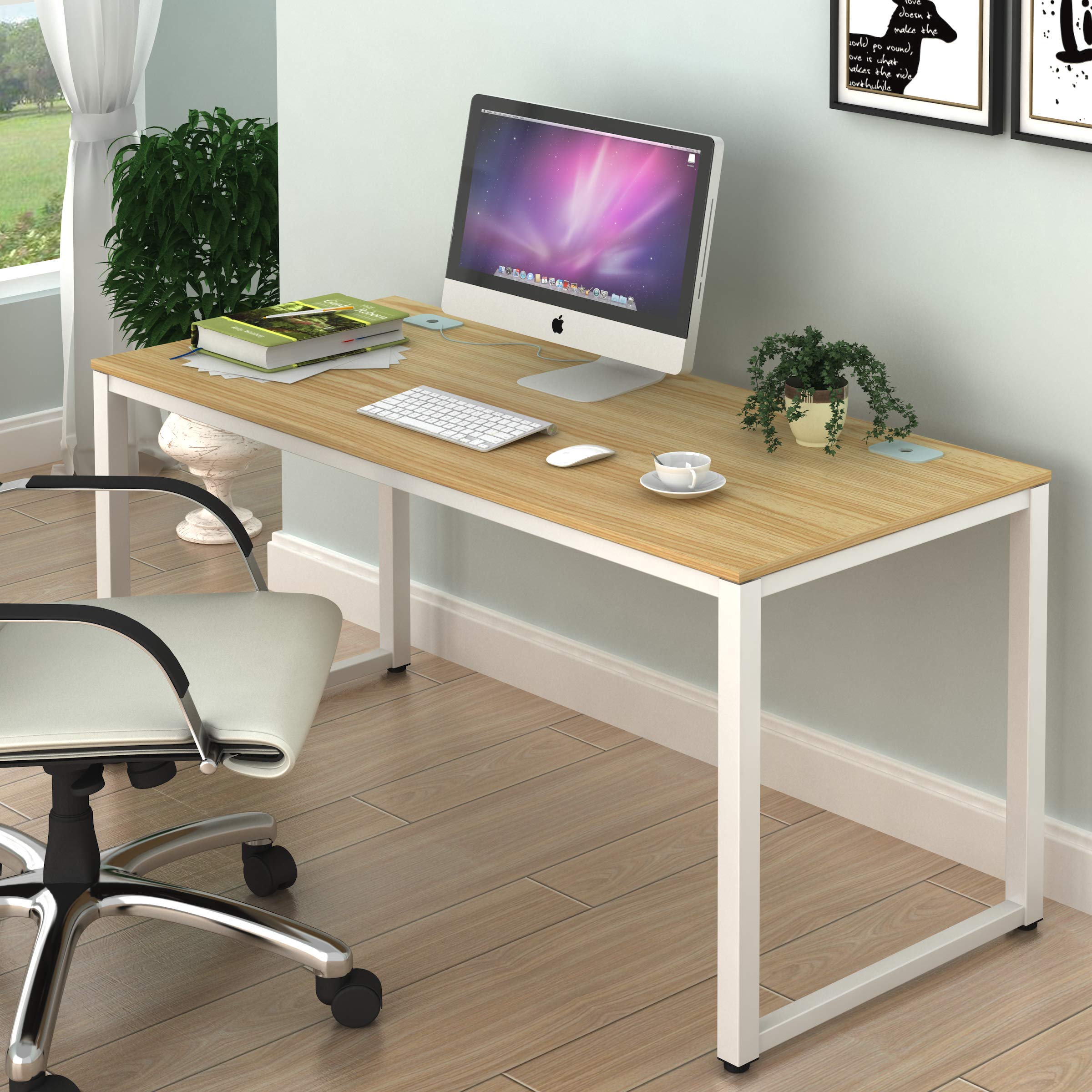 Shw Home Office 55-Inch Large Computer Desk, White Frame W/Oak Top