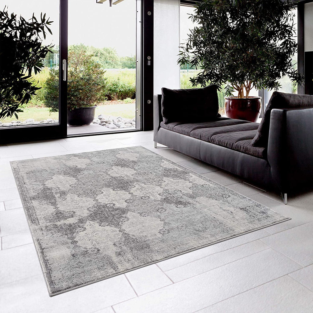 HomeRoots Grey 100% Polypropylene 2’ x 5’ Gray Distressed Trellis Pattern Area Rug