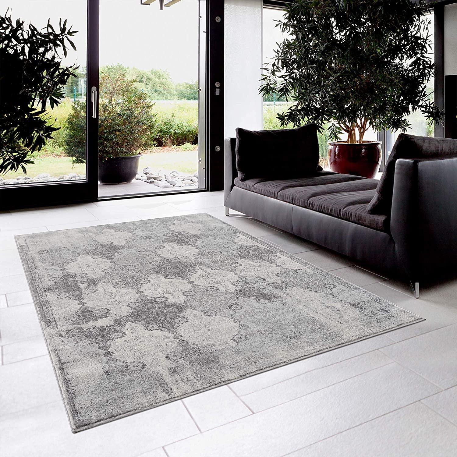 HomeRoots Grey 100% Polypropylene 2’ x 5’ Gray Distressed Trellis Pattern Area Rug