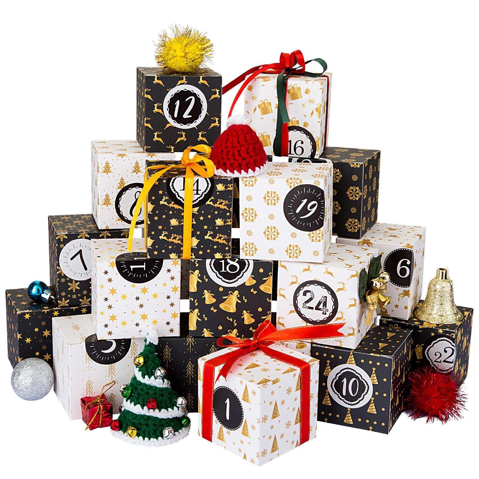 Kesoto Empty Advent Calendar Boxes, 24 Printed Cardboard DIY Advent Calendar for Making and Filling, Black and White