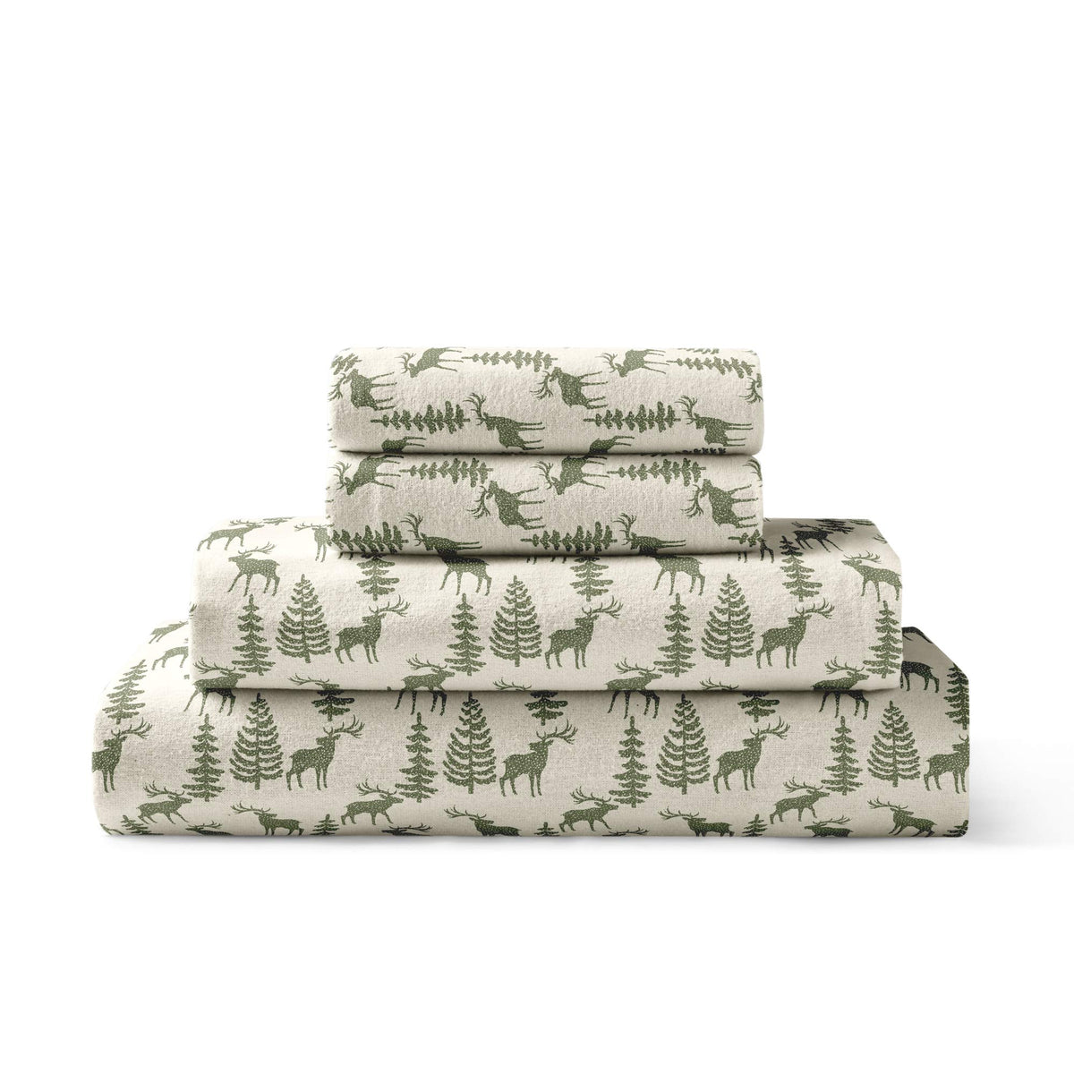 Brielle Home Flannel Sheet Set Cotton Soft Warm & Cozy Modern Chic With Elastic Deep Pockets, Full, Deer Ivory